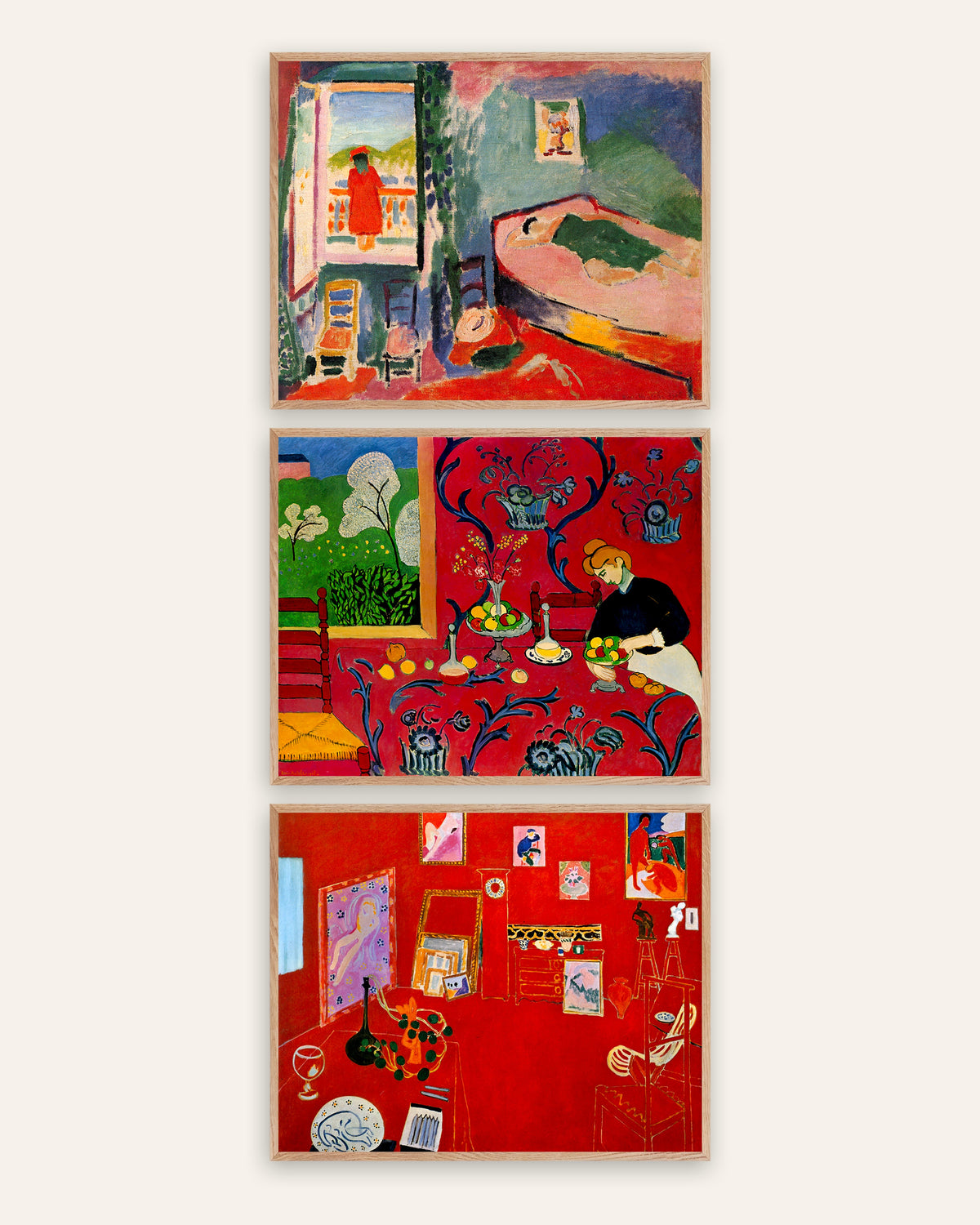 Pósters de Matisse, conjunto de 3: Interior en Collioure, La armonía en rojo y El estudio rojo, con marcos de roble natural