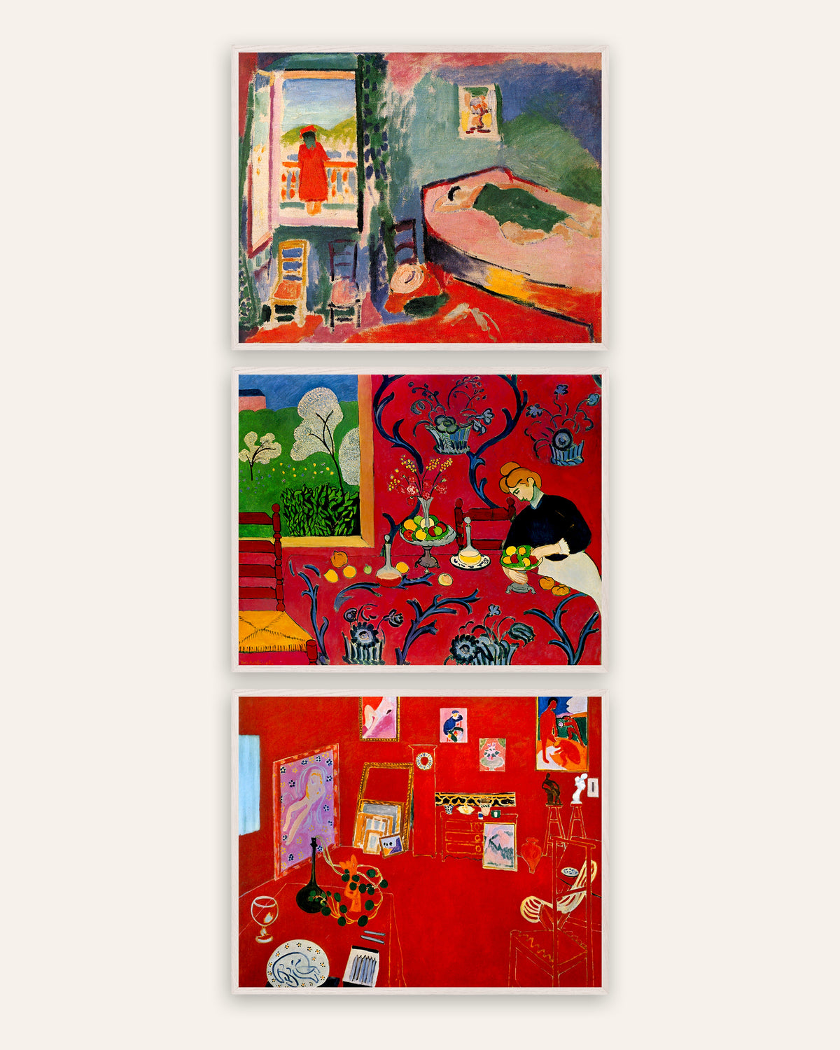 Pósters de Matisse, conjunto de 3: Interior en Collioure, La armonía en rojo y El estudio rojo, con marcos de roble blanco