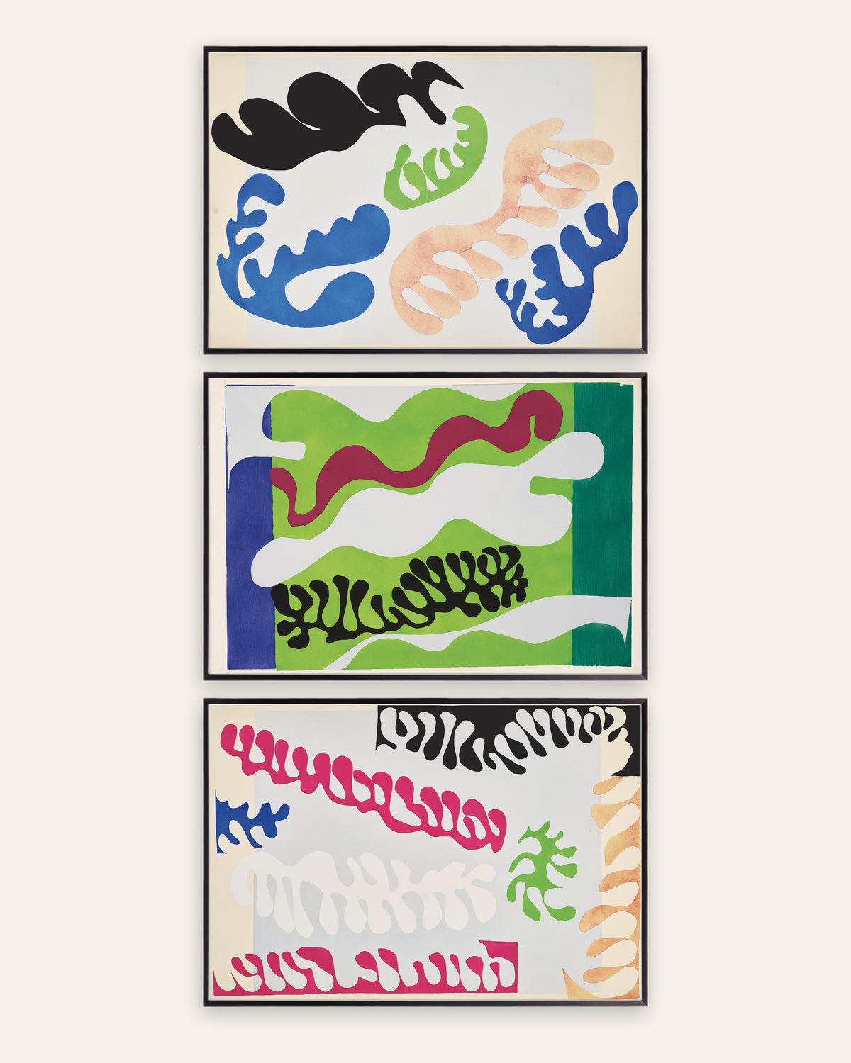 Pósters de Matisse Jazz, conjunto de 3: La laguna en azul, verde y rosa, con marcos de metal negro