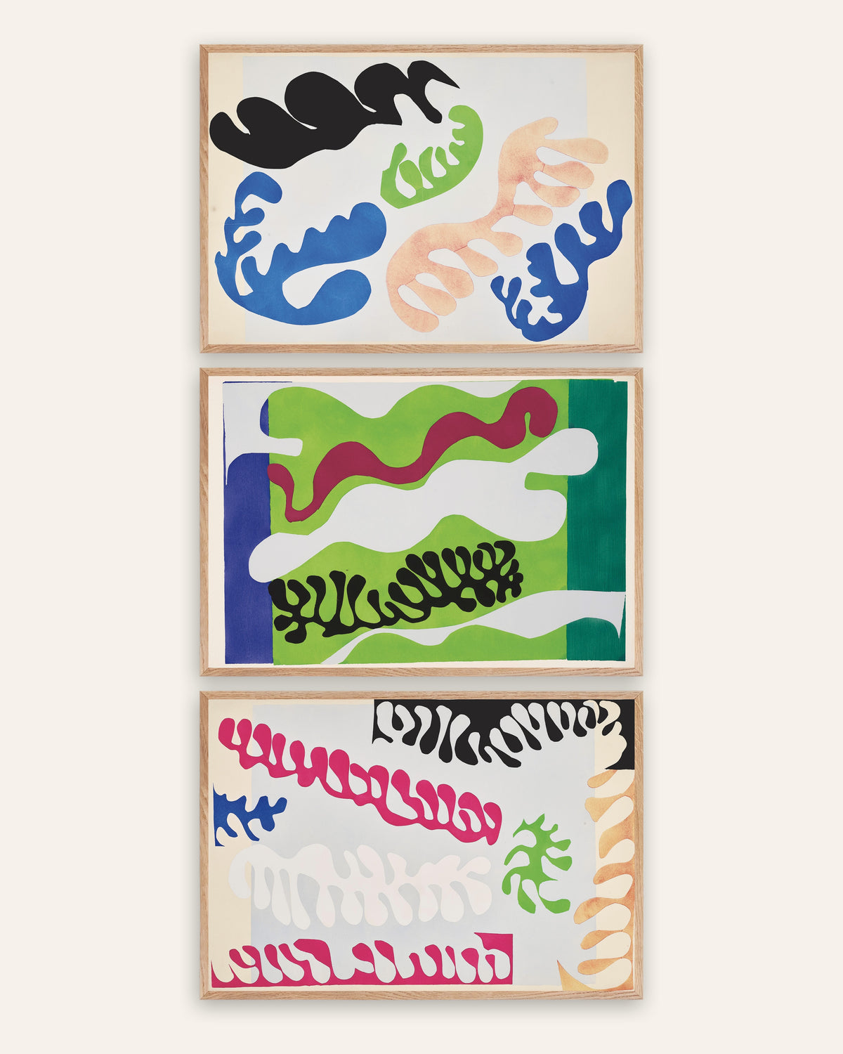 Pósters de Matisse Jazz, conjunto de 3: La laguna en azul, verde y rosa, con marcos de roble natural