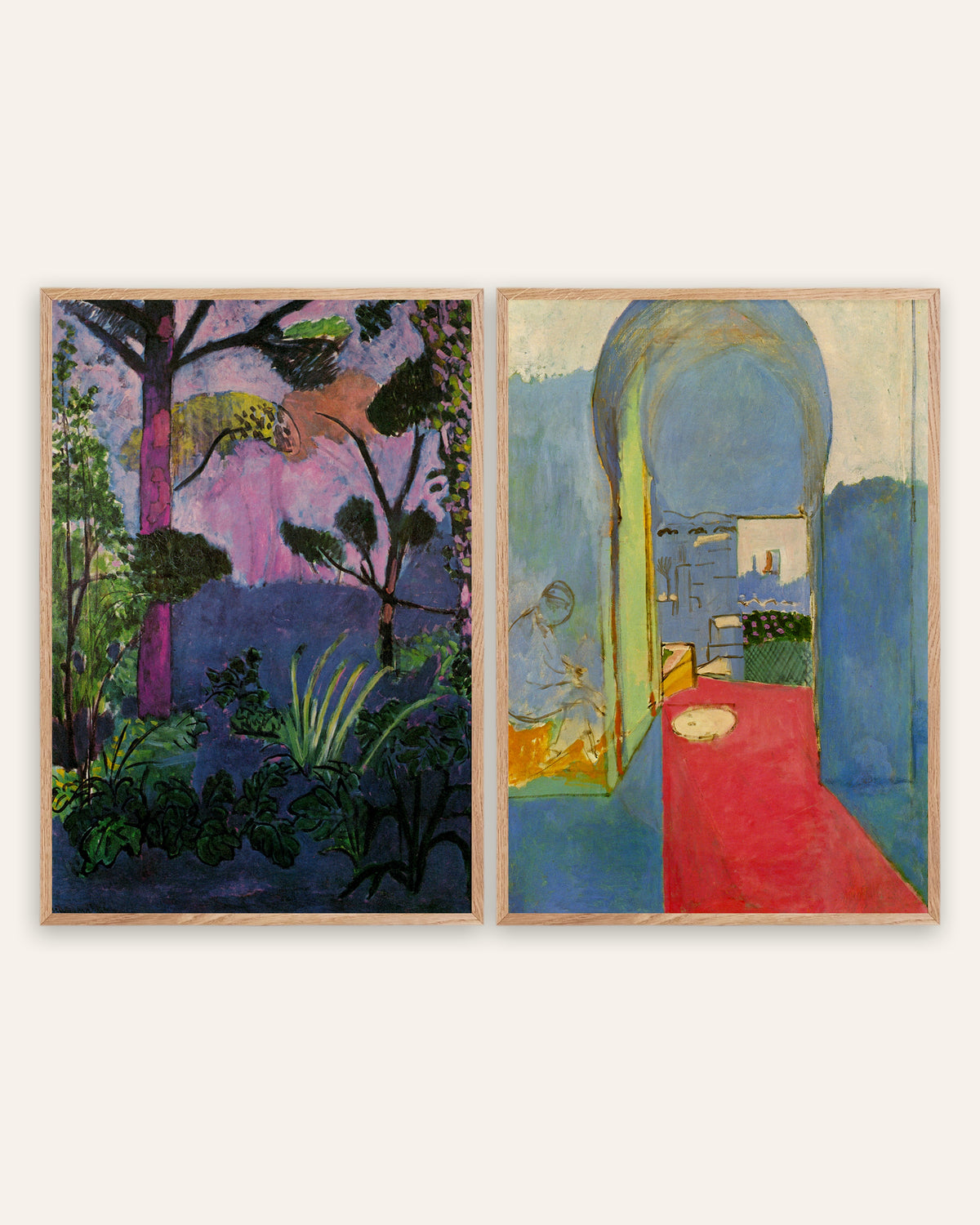 Pósters de Matisse, conjunto de 2: Paisaje marroquí (Acanto) y Entrada a la kasba, con marcos de roble natural