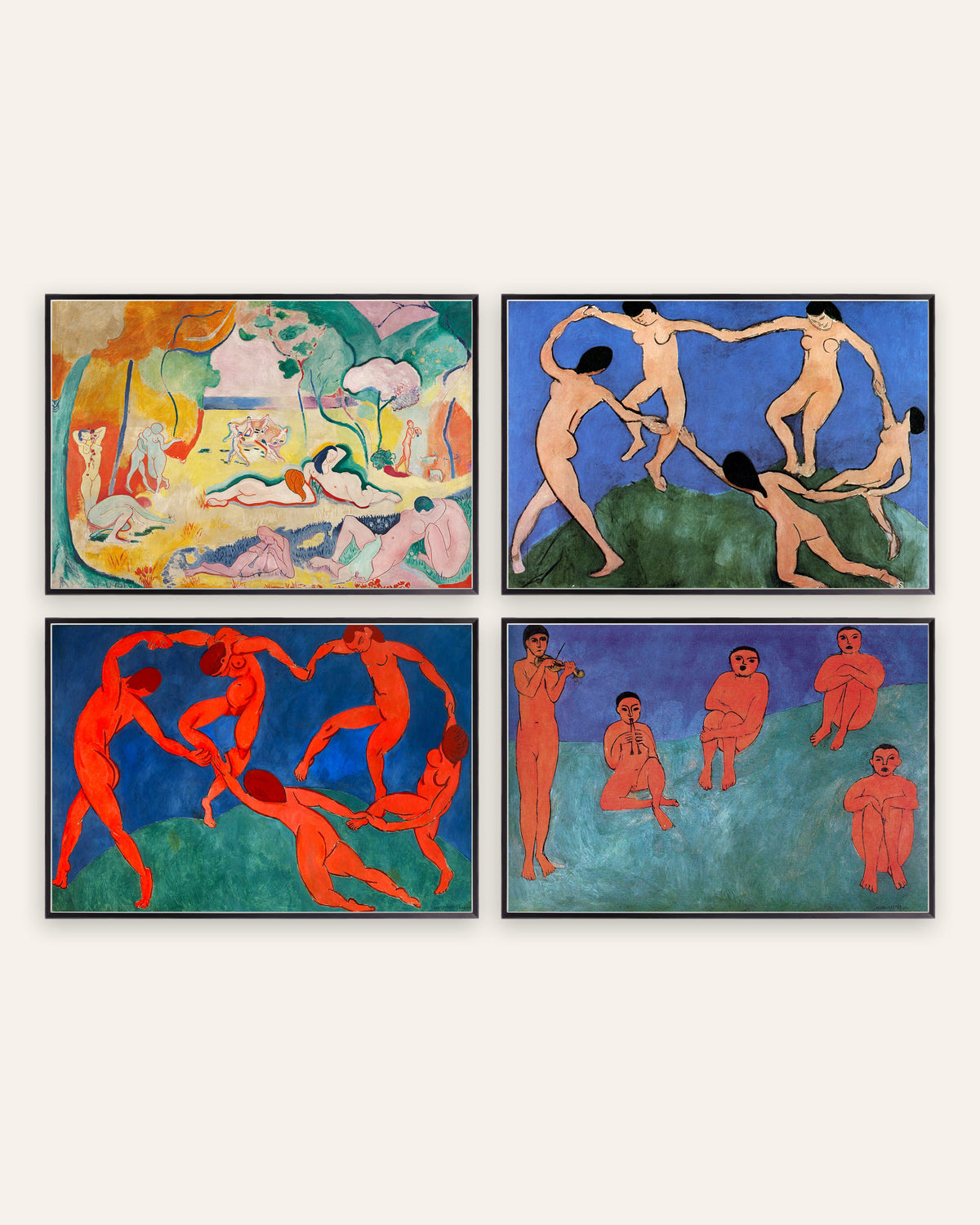 Pósters de Matisse, conjunto de 4: La alegría de vivir, La danza I y II y Música, con marcos de metal negro