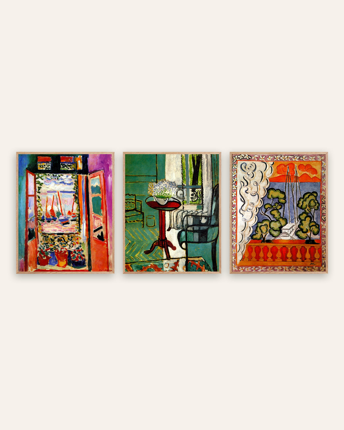 Pósters de Matisse, conjunto de 3: ventanas de Collioure, con nomeolvides y en Tahití, con marcos de roble natural