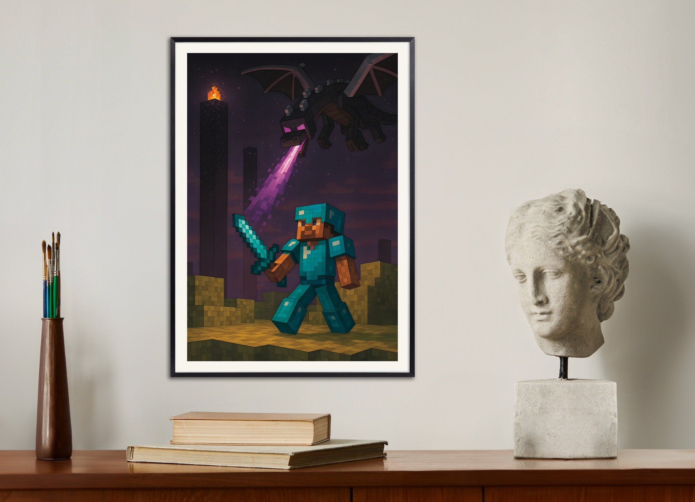 Poster of Minecraft Ender Dragon Battle – knight vs. dragon poster, with metal frame