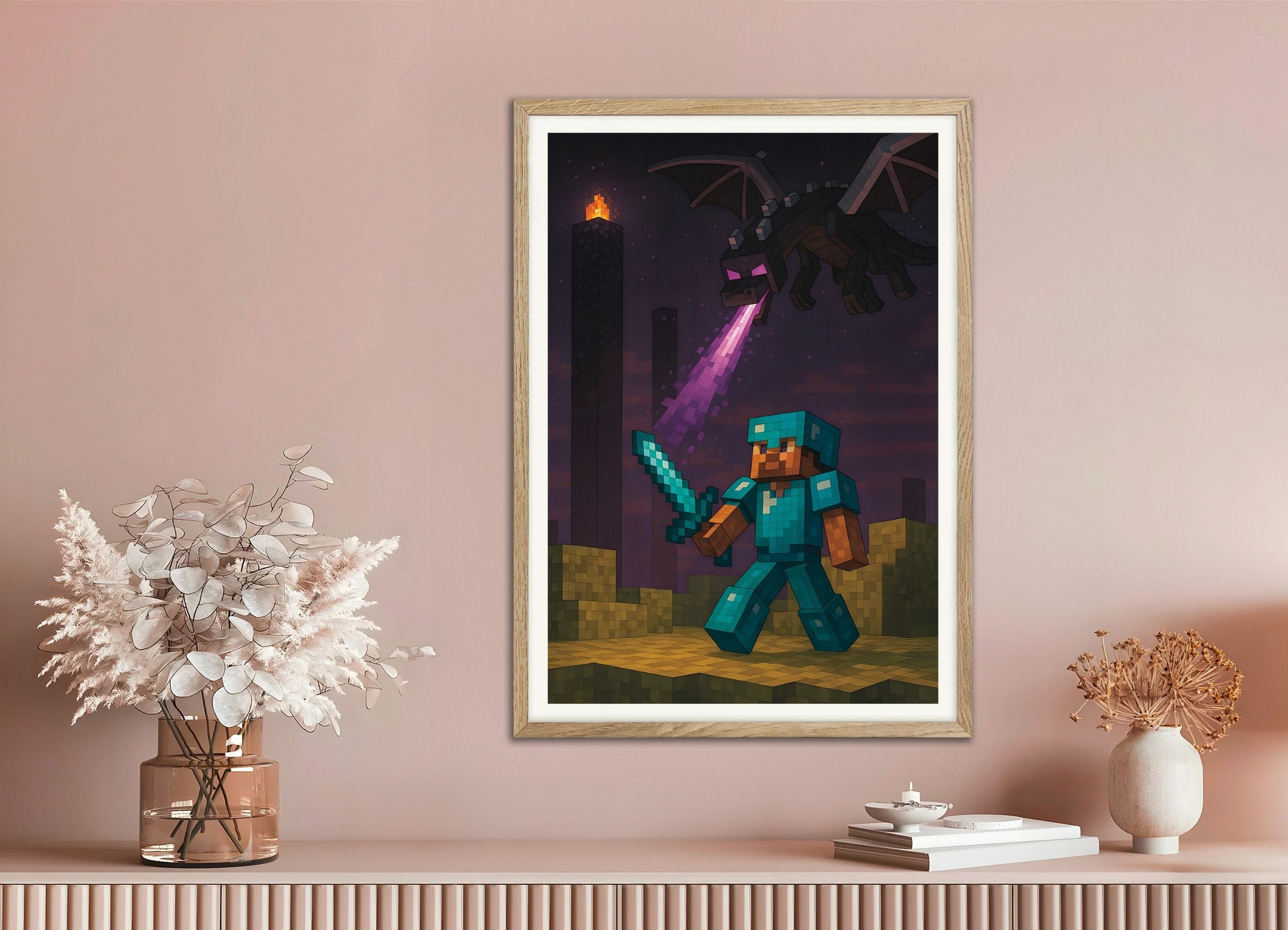 Poster of Minecraft Ender Dragon Battle – knight vs. dragon poster, with natural wooden frame