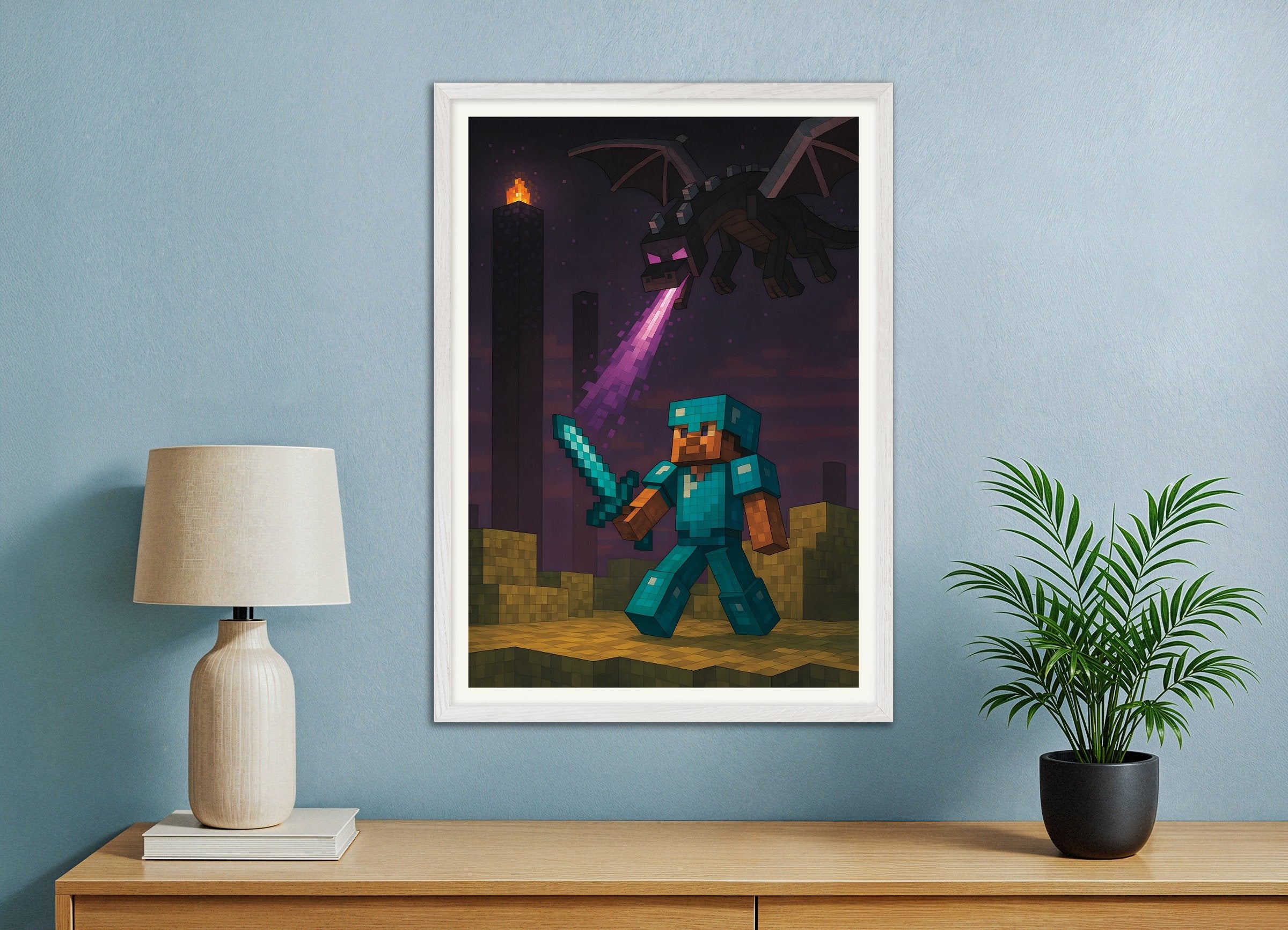 Poster of Minecraft Ender Dragon Battle – knight vs. dragon poster, with white wooden frame