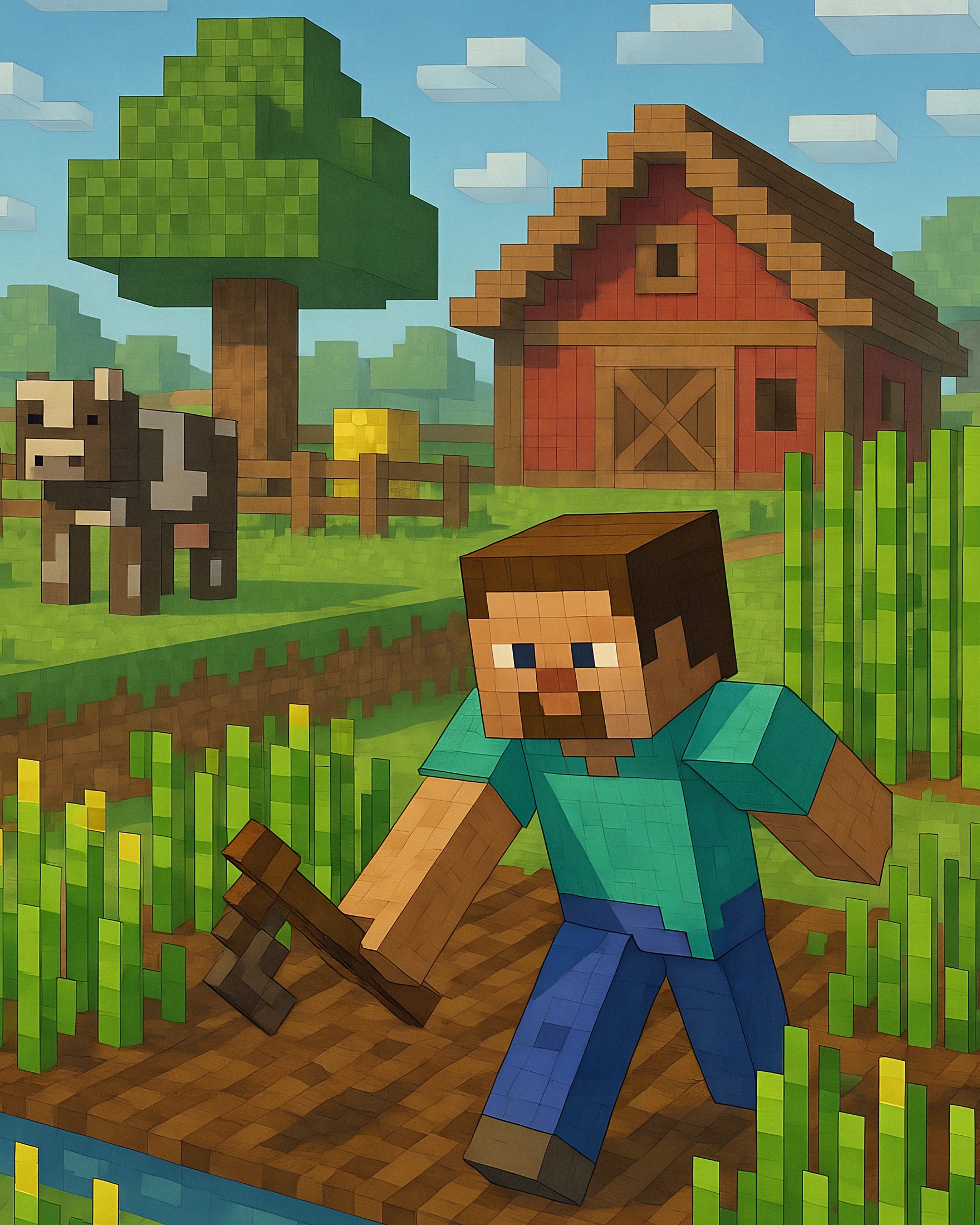 Escena de Granja de Minecraft – campos, granero y cultivos pósters