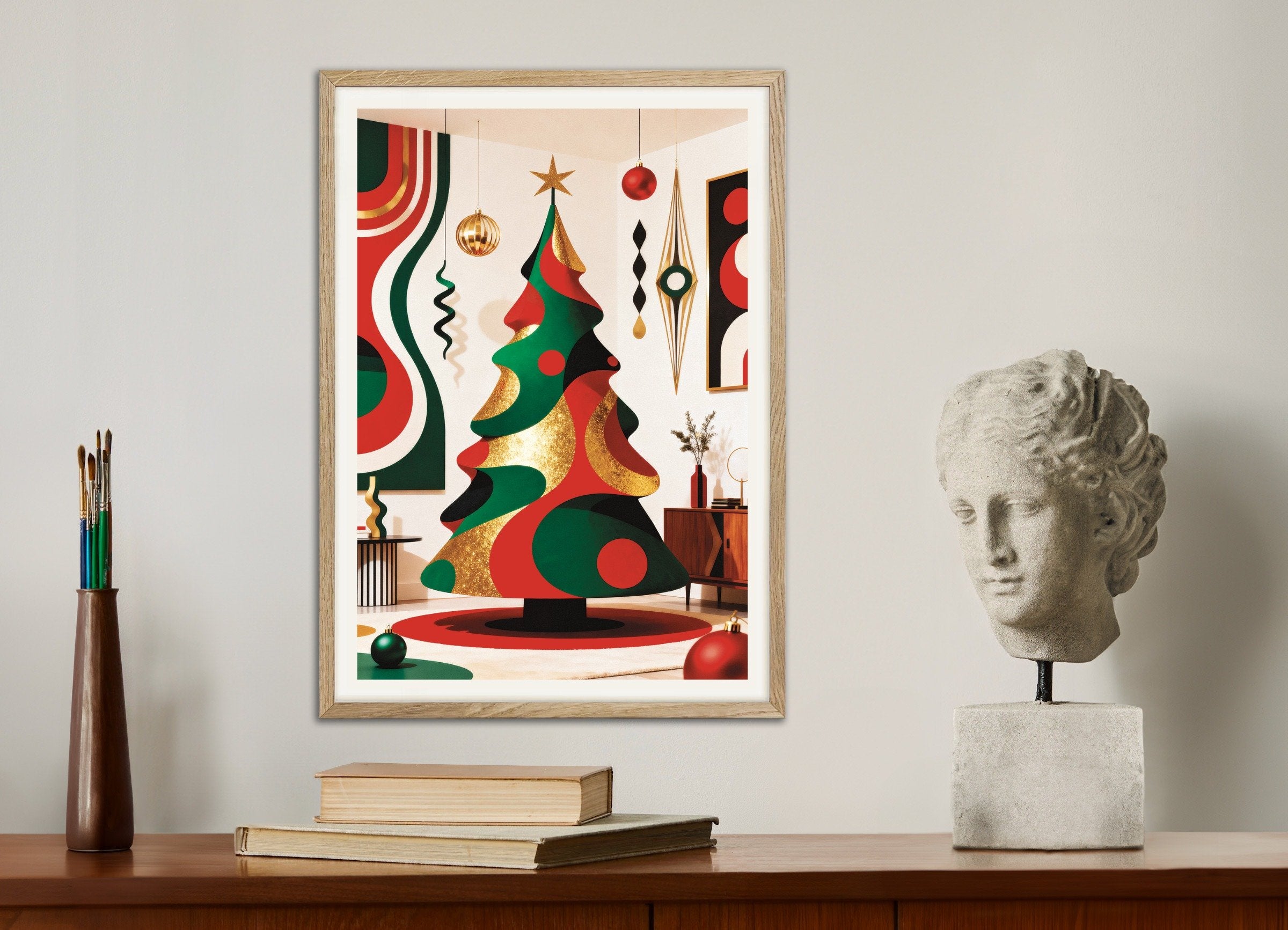Poster of Modern design Christmas tree poster, with natural wooden frame