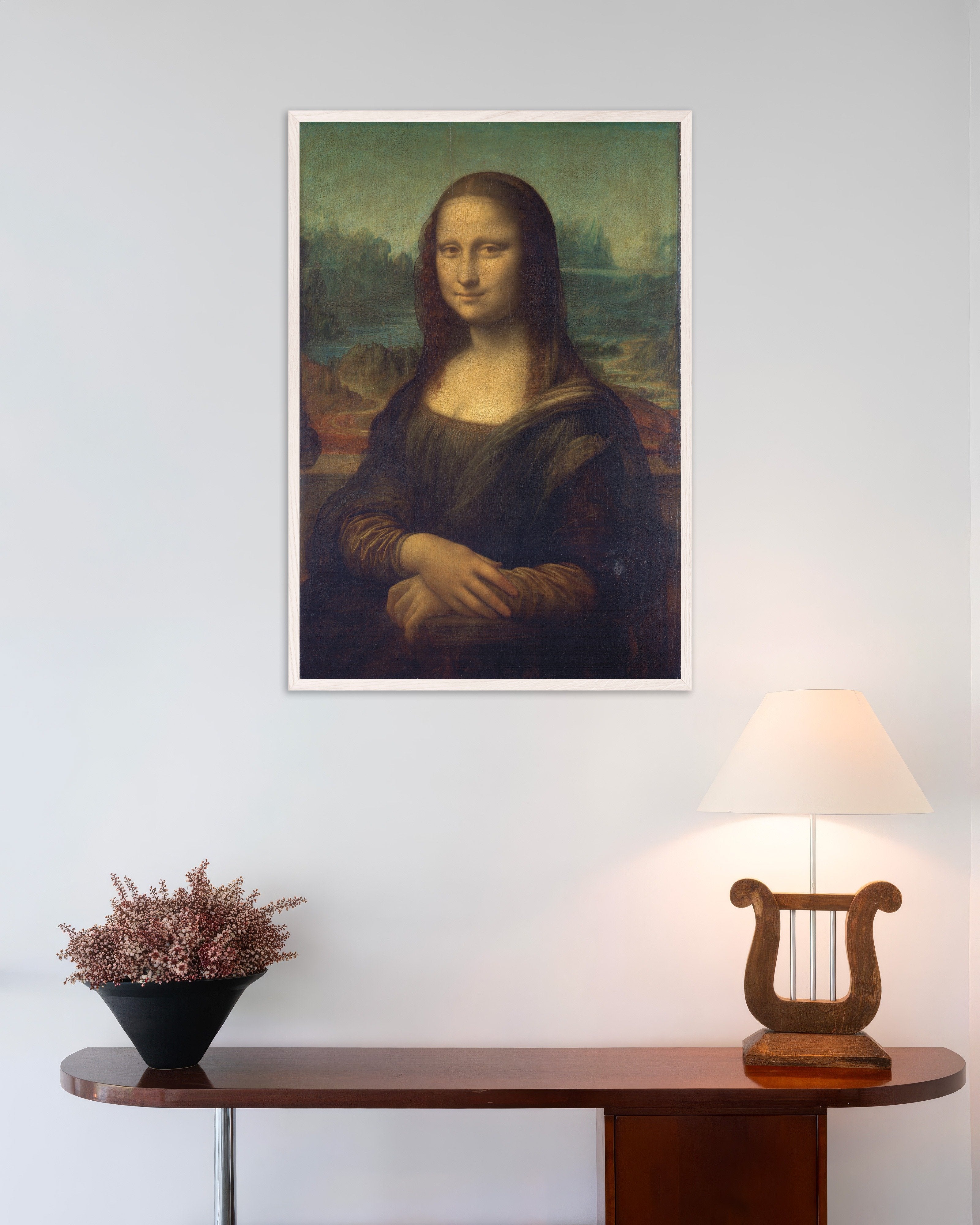 Poster of Mona Lisa by Leonardo da Vinci, with white wooden frame