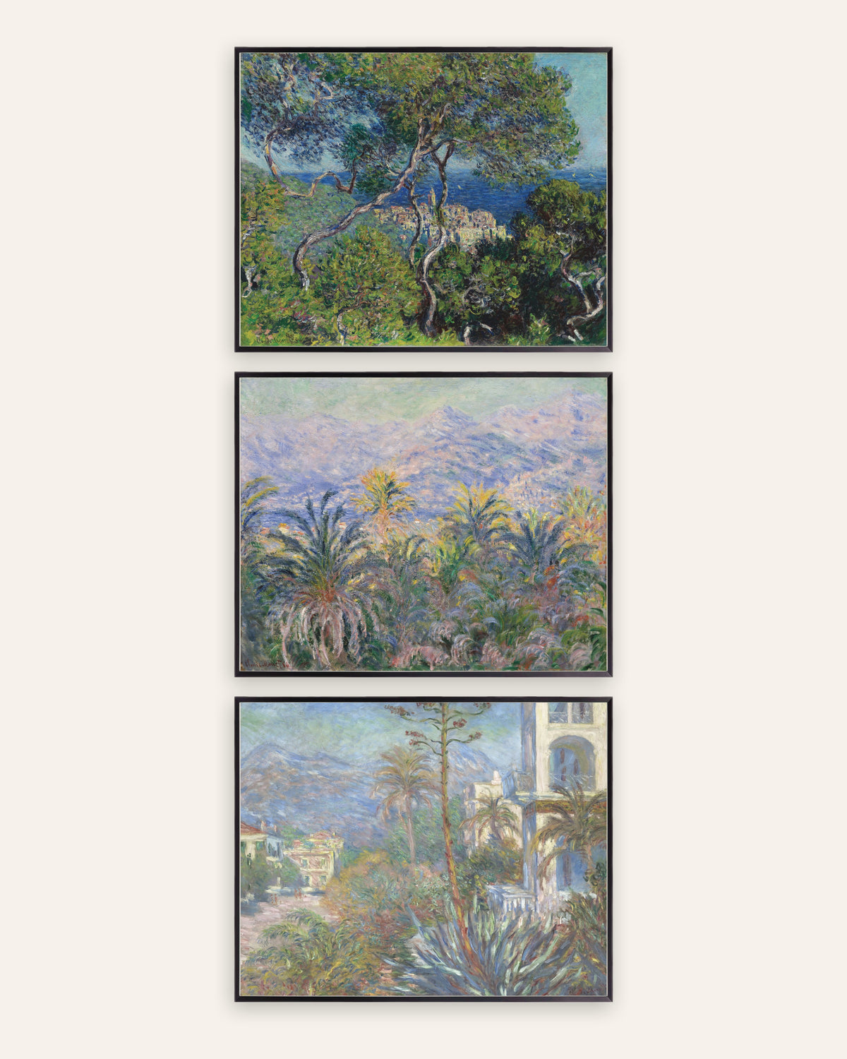 Pósters de Monet, conjunto de 3: Bordighera, pinos, palmeras y villas, con marcos de metal negro