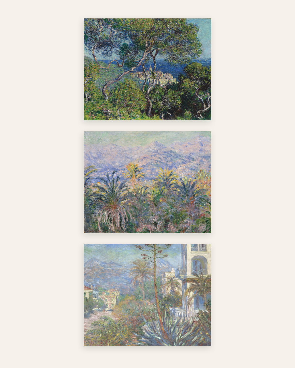 Pósters de Monet, conjunto de 3: Bordighera, pinos, palmeras y villas, sin marco