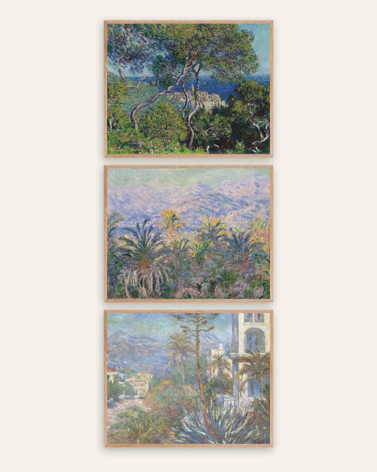 Pósters de Monet, conjunto de 3: Bordighera, pinos, palmeras y villas, con marcos de roble natural
