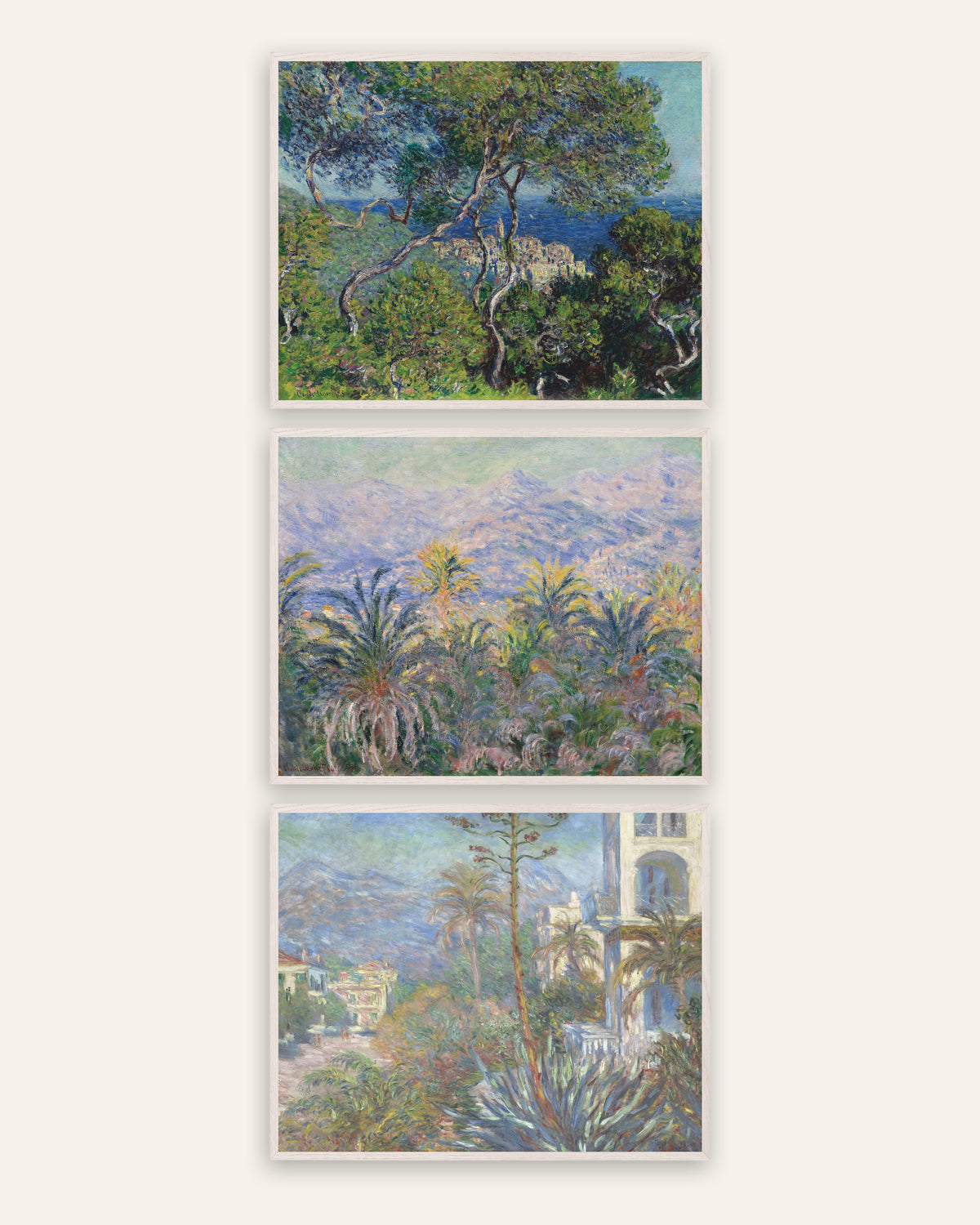 Pósters de Monet, conjunto de 3: Bordighera, pinos, palmeras y villas, con marcos de roble blanco