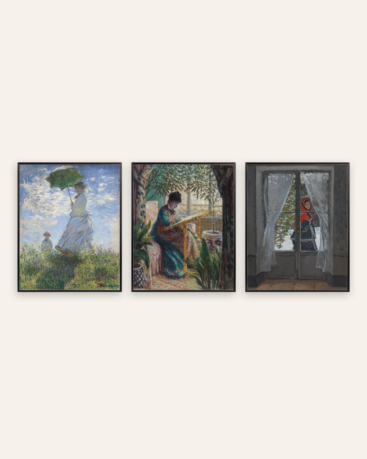 Pósters de Monet, conjunto de 3: Camille, Mujer con sombrilla y El pañuelo rojo, con marcos de metal negro