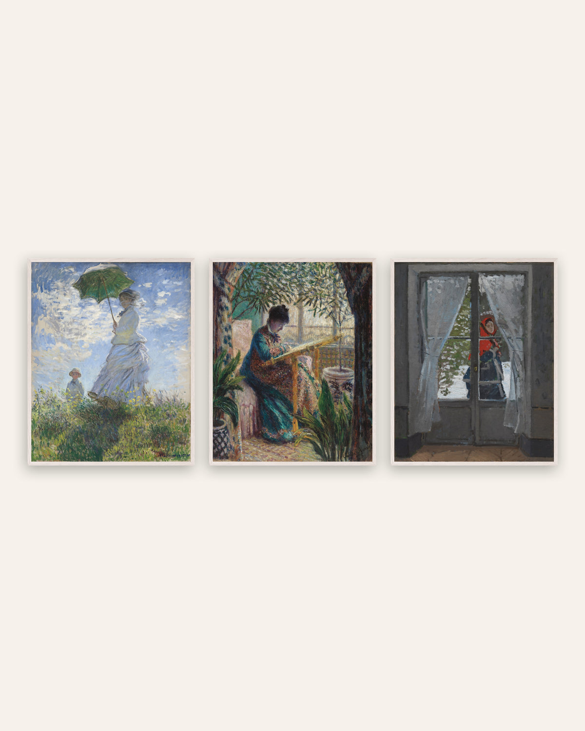 Pósters de Monet, conjunto de 3: Camille, Mujer con sombrilla y El pañuelo rojo, con marcos de roble blanco