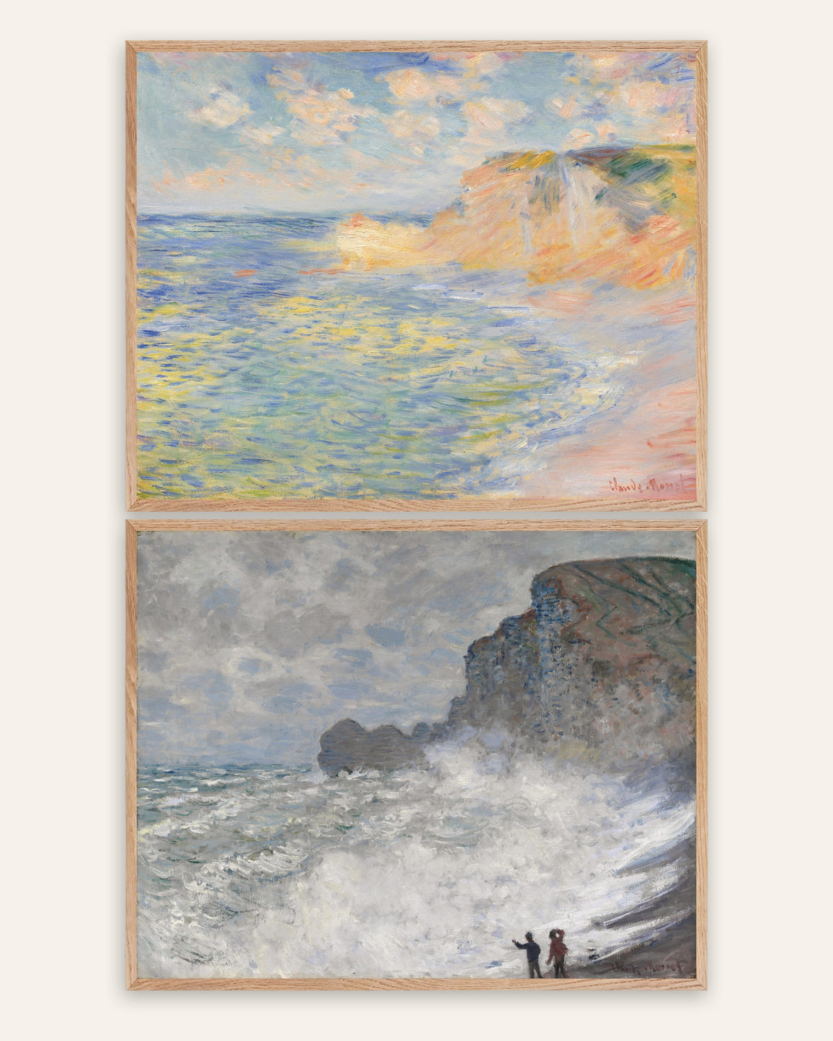 Pósters de Monet, conjunto de 2: Étretat, Falaise d’Amont y temporal, con marcos de roble natural