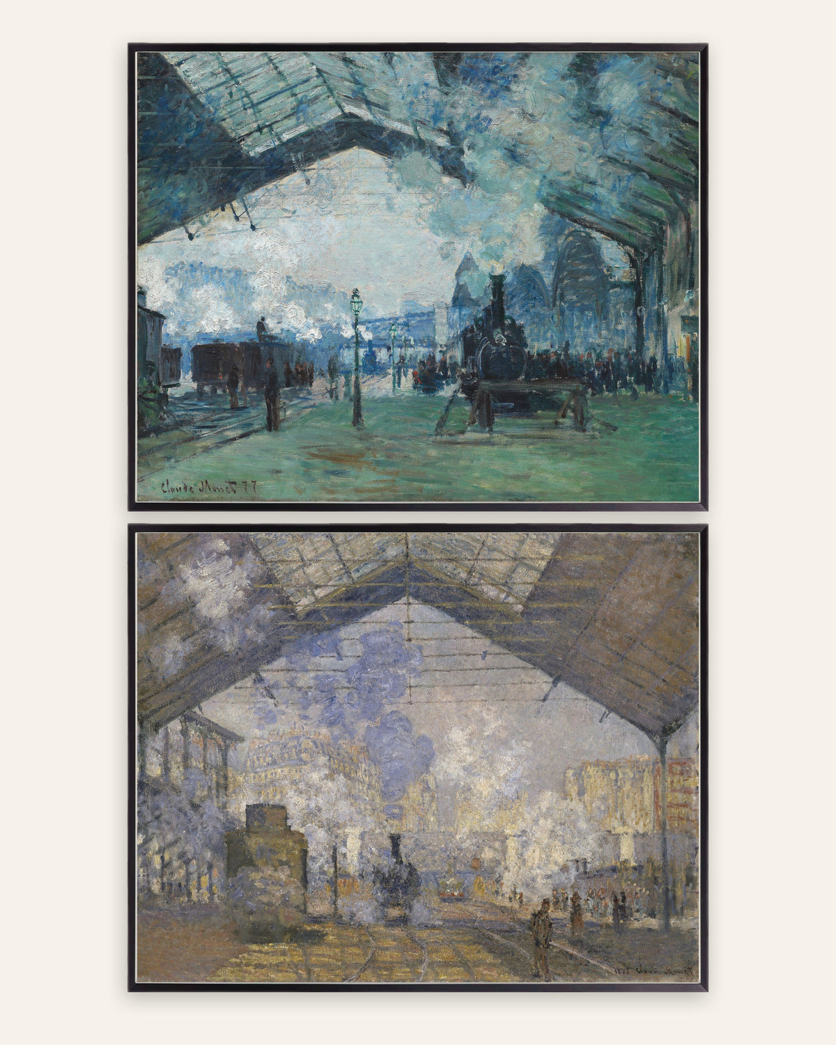 Pósters de Monet, conjunto de 2: estación de Saint-Lazare, vapor y trenes, con marcos de metal negro