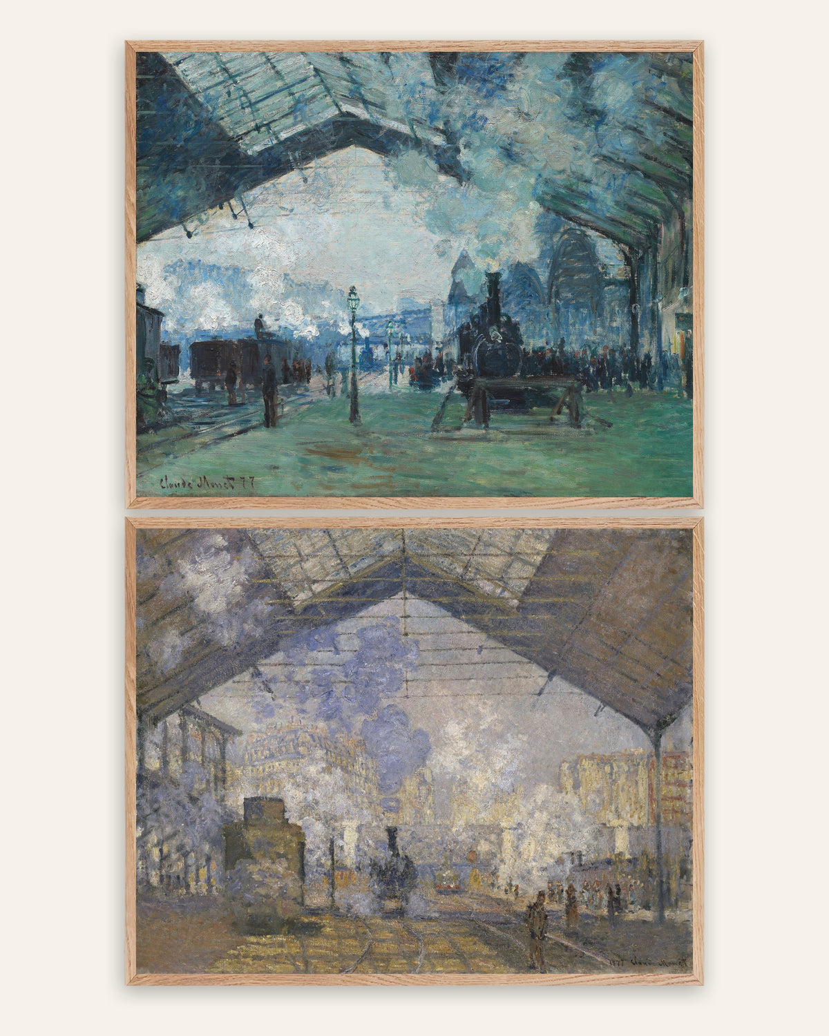 Pósters de Monet, conjunto de 2: estación de Saint-Lazare, vapor y trenes, con marcos de roble natural