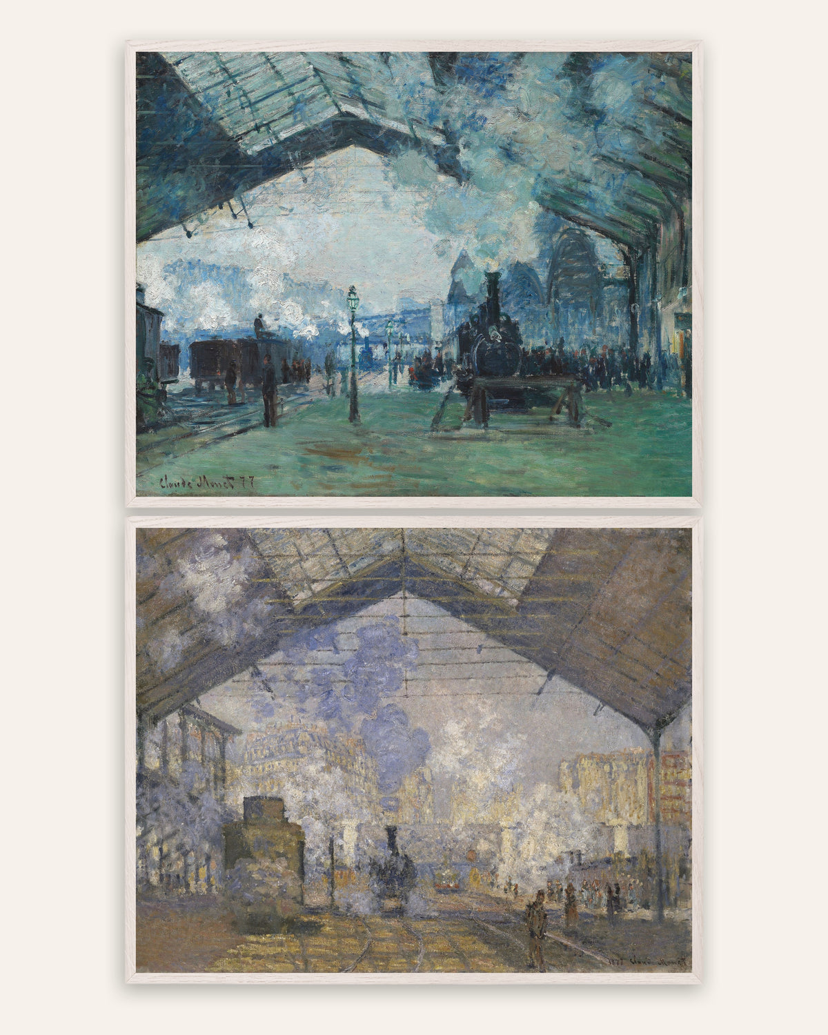 Pósters de Monet, conjunto de 2: estación de Saint-Lazare, vapor y trenes, con marcos de roble blanco