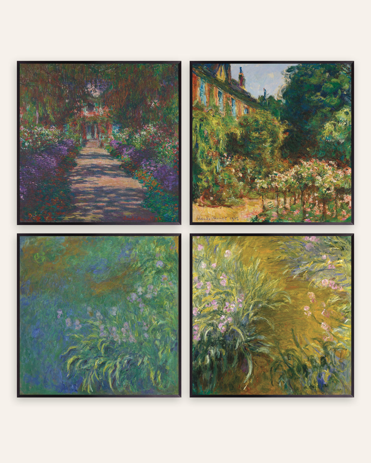 Pósters de Monet, conjunto de 4: el jardín de Giverny, sendero, casa y lirios, con marcos de metal negro
