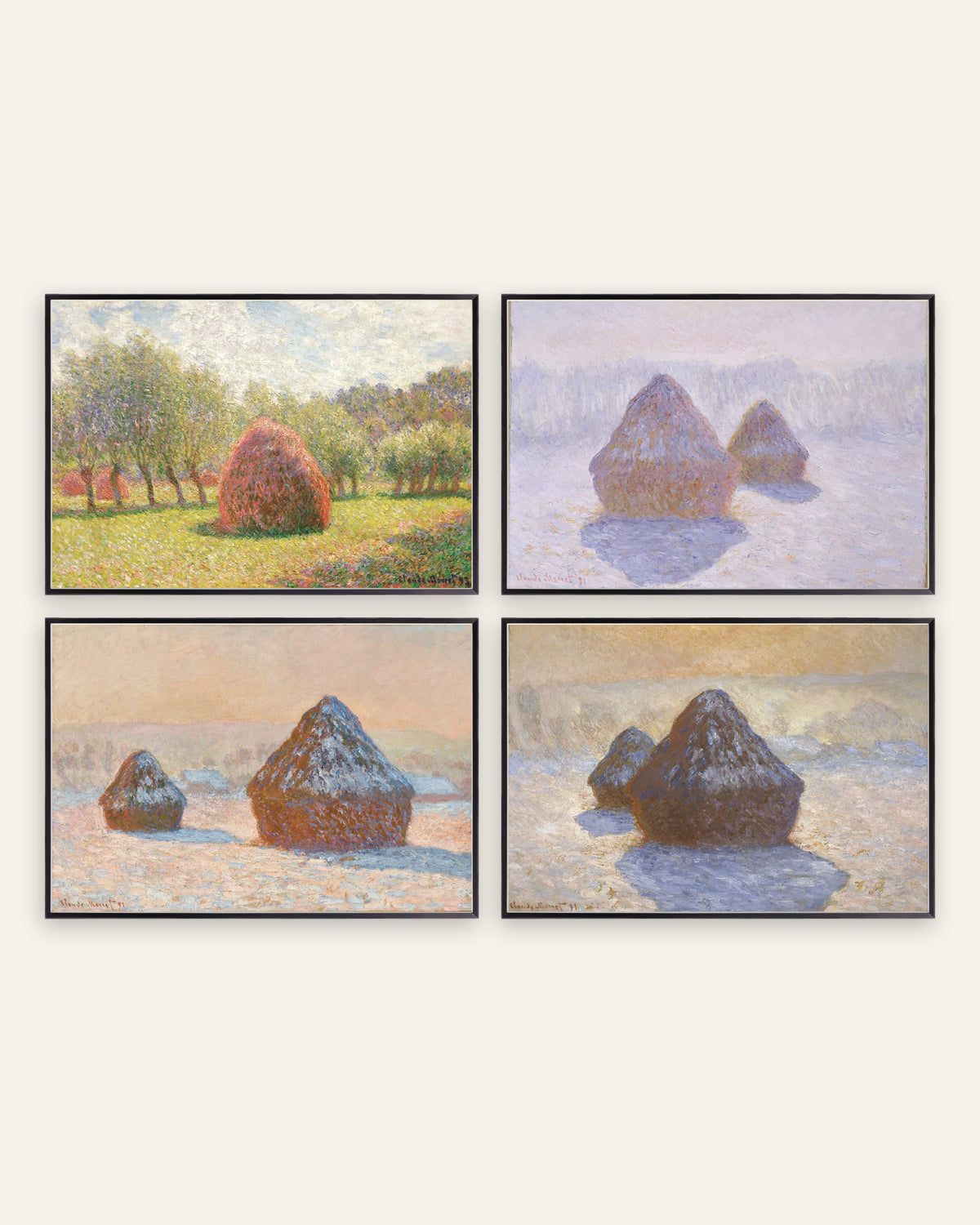 Pósters de Monet, conjunto de 4: almiares, del verano a la nieve, con marcos de metal negro