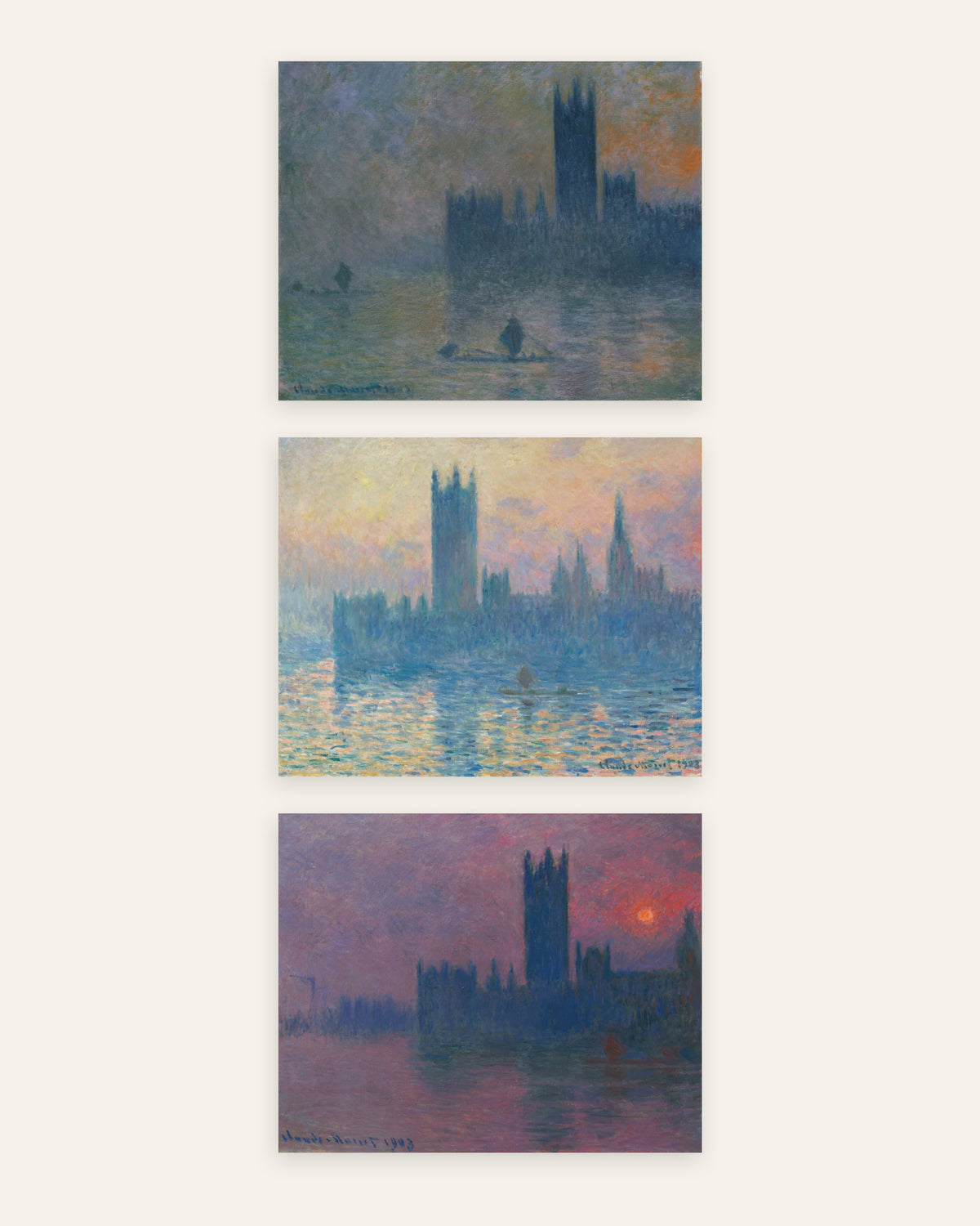 Pósters de Monet, conjunto de 3: el Parlamento de Londres, niebla y puesta de sol, sin marco