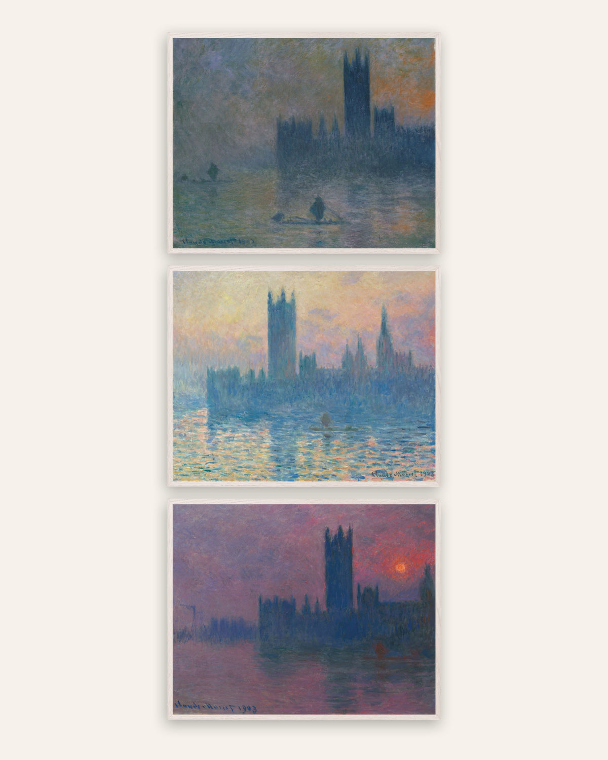 Pósters de Monet, conjunto de 3: el Parlamento de Londres, niebla y puesta de sol, con marcos de roble blanco