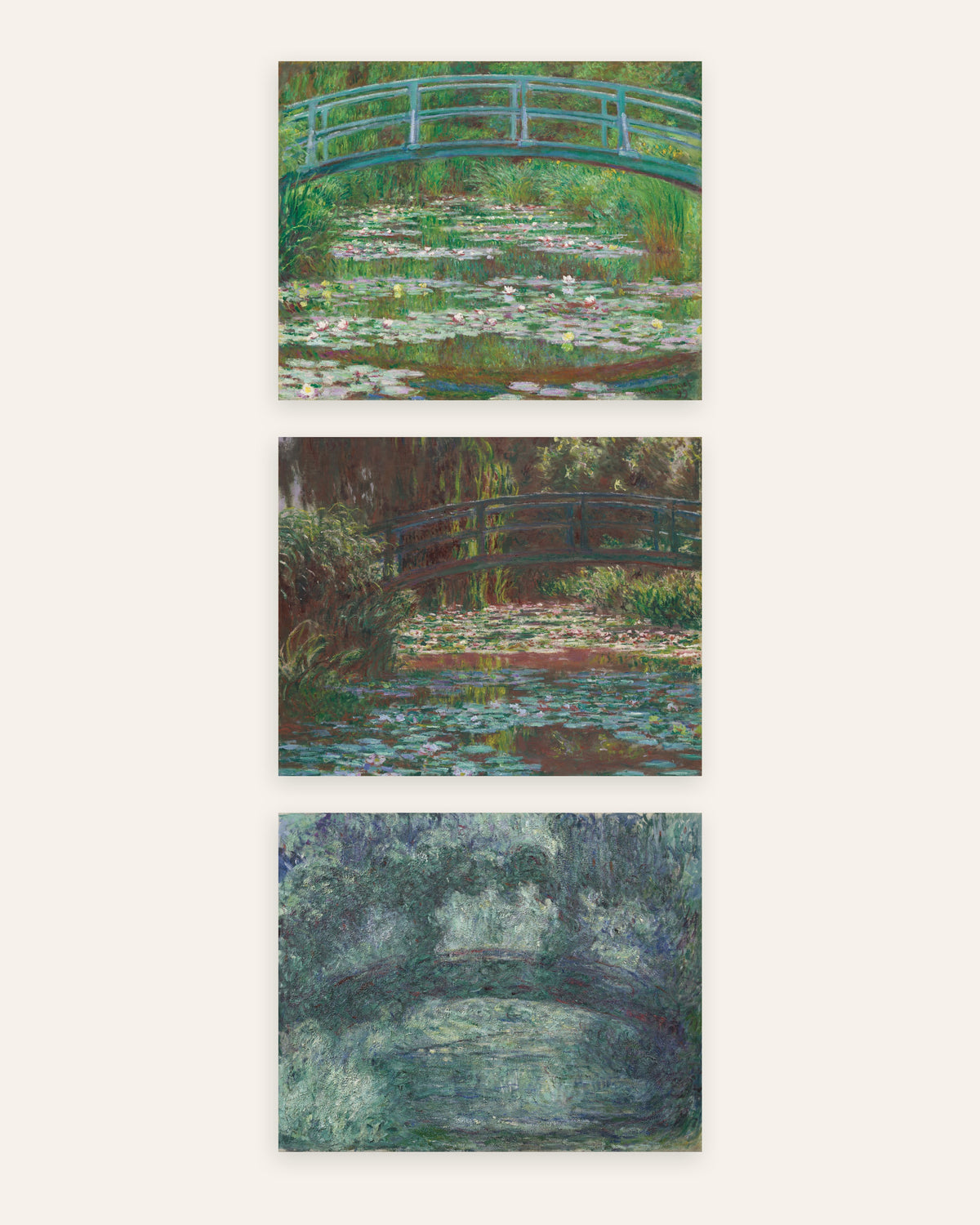 Pósters de Monet, conjunto de 3: el puente japonés de Giverny, de 1899 a 1924, sin marco