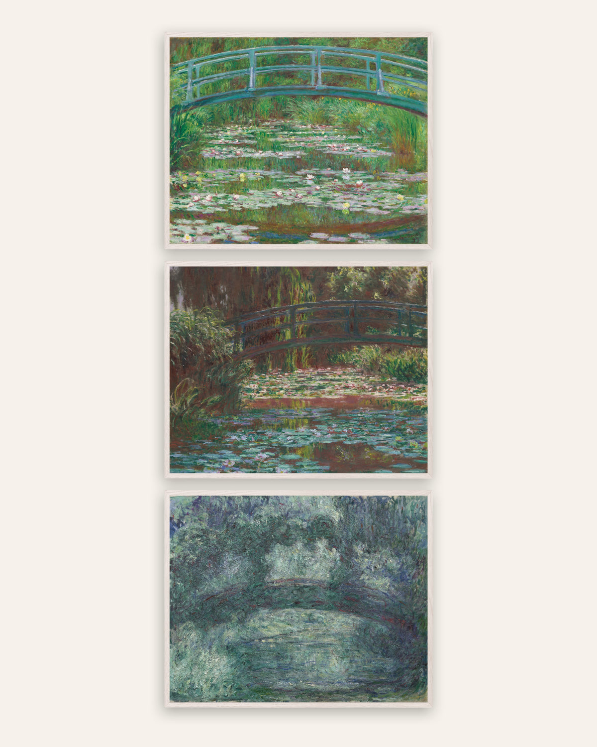 Pósters de Monet, conjunto de 3: el puente japonés de Giverny, de 1899 a 1924, con marcos de roble blanco