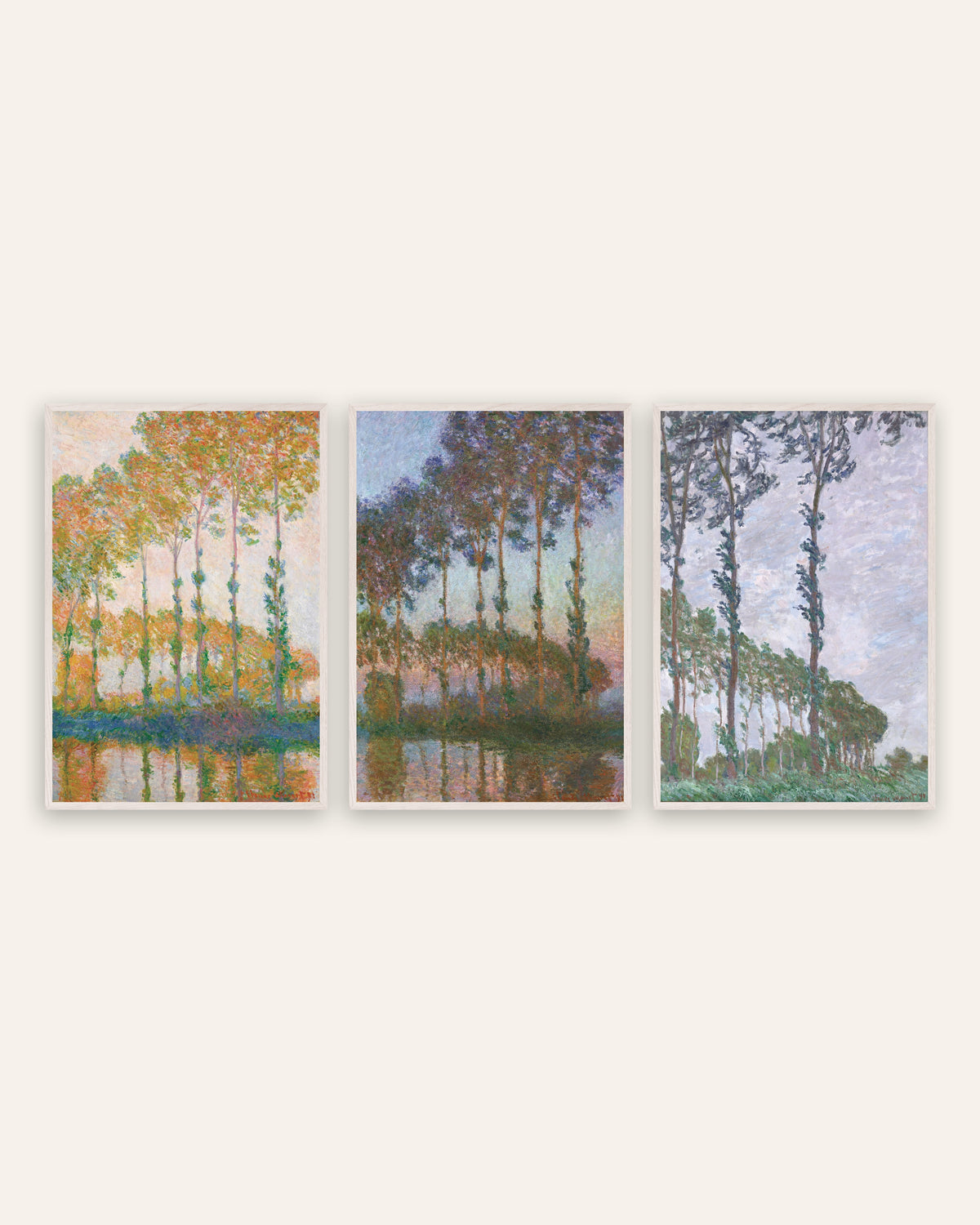Pósters de Monet, conjunto de 3: álamos, otoño, crepúsculo y viento, con marcos de roble blanco