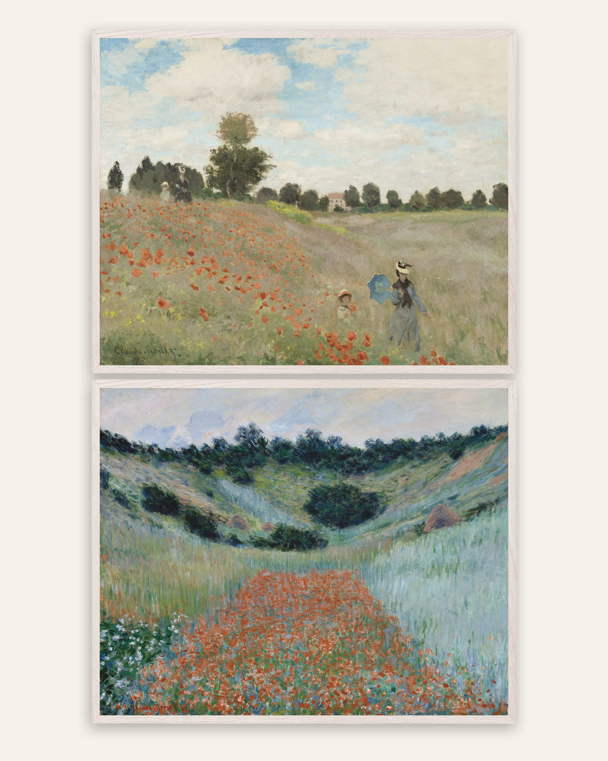 Pósters de Monet, conjunto de 2: amapolas de Argenteuil y Giverny, con marcos de roble blanco