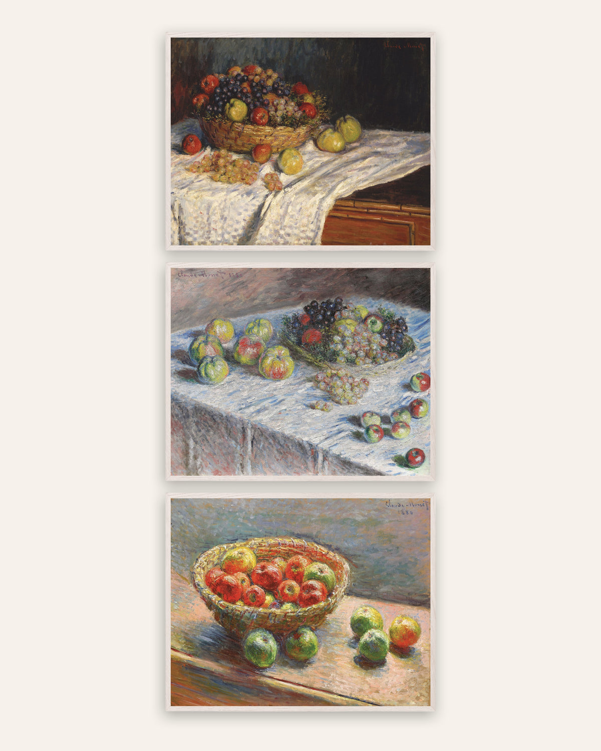 Pósters de Monet, conjunto de 3: bodegones de manzanas, uvas y cesta, con marcos de roble blanco