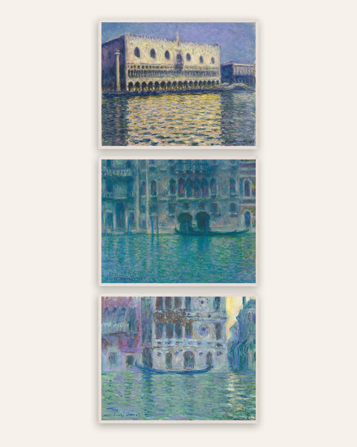 Pósters de Monet, conjunto de 3: Venecia, Palacio Ducal, palacio da Mula y Dario, con marcos de roble blanco
