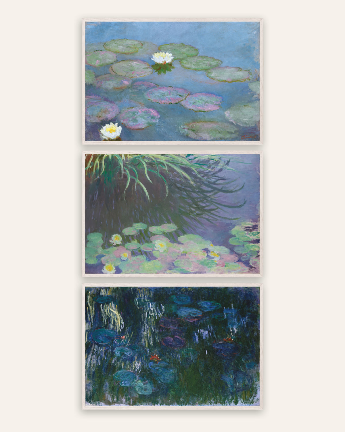 Pósters de Monet, conjunto de 3: Nenúfares, primeros y últimos panoramas, con marcos de roble blanco