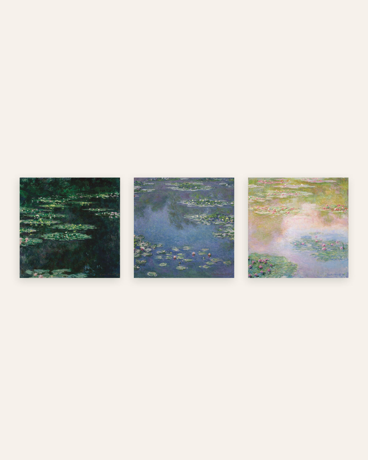Pósters de Monet, conjunto de 3: Nenúfares, vistas cuadradas del estanque, sin marco