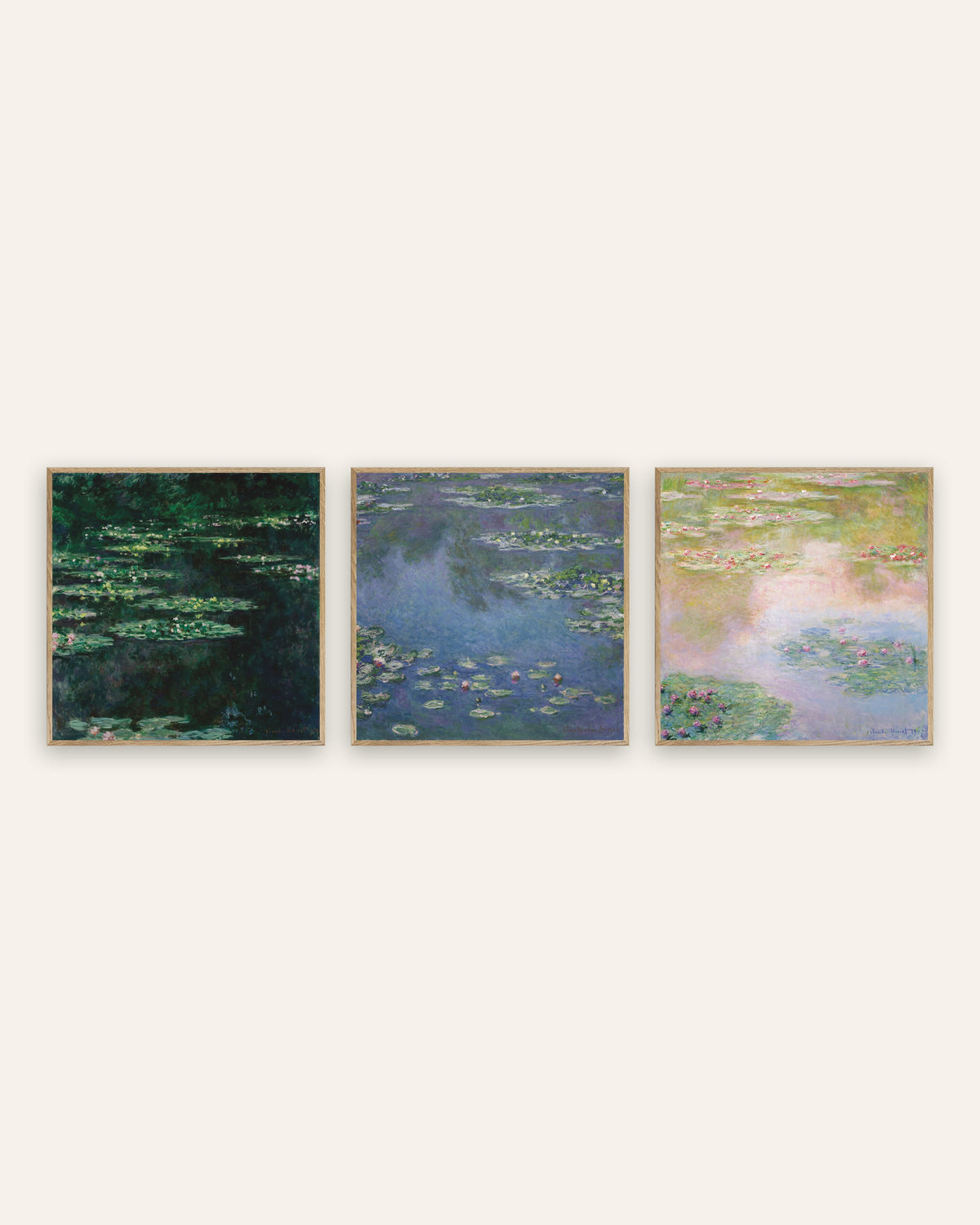 Pósters de Monet, conjunto de 3: Nenúfares, vistas cuadradas del estanque, con marcos de roble natural