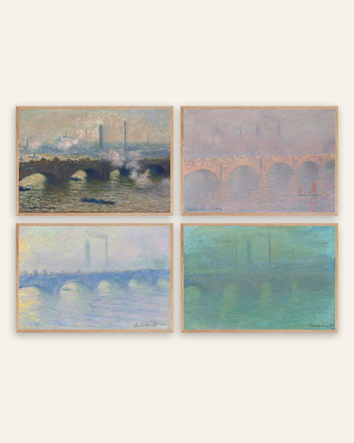 Pósters de Monet, conjunto de 4: puente de Waterloo, gris, sol, bruma y anochecer, con marcos de roble natural