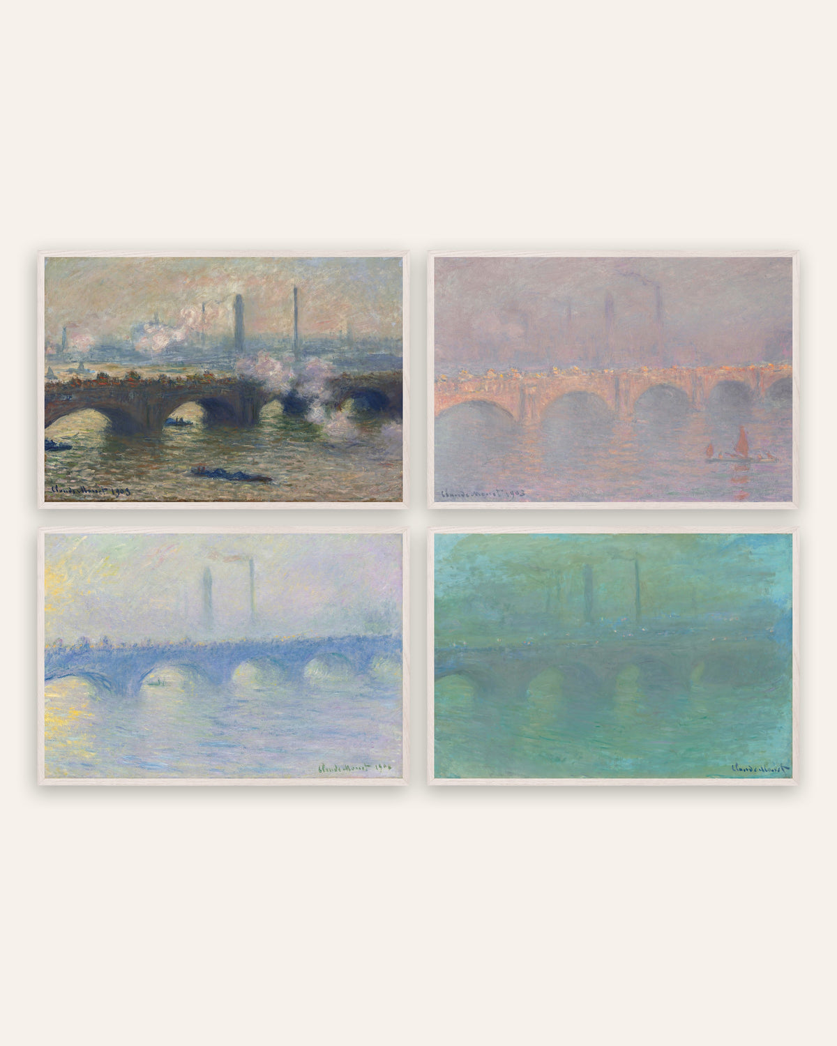 Pósters de Monet, conjunto de 4: puente de Waterloo, gris, sol, bruma y anochecer, con marcos de roble blanco