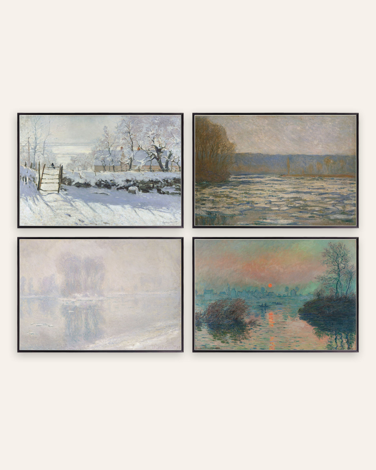 Pósters de Monet, conjunto de 4: invierno, La urraca, hielo y puesta de sol, con marcos de metal negro