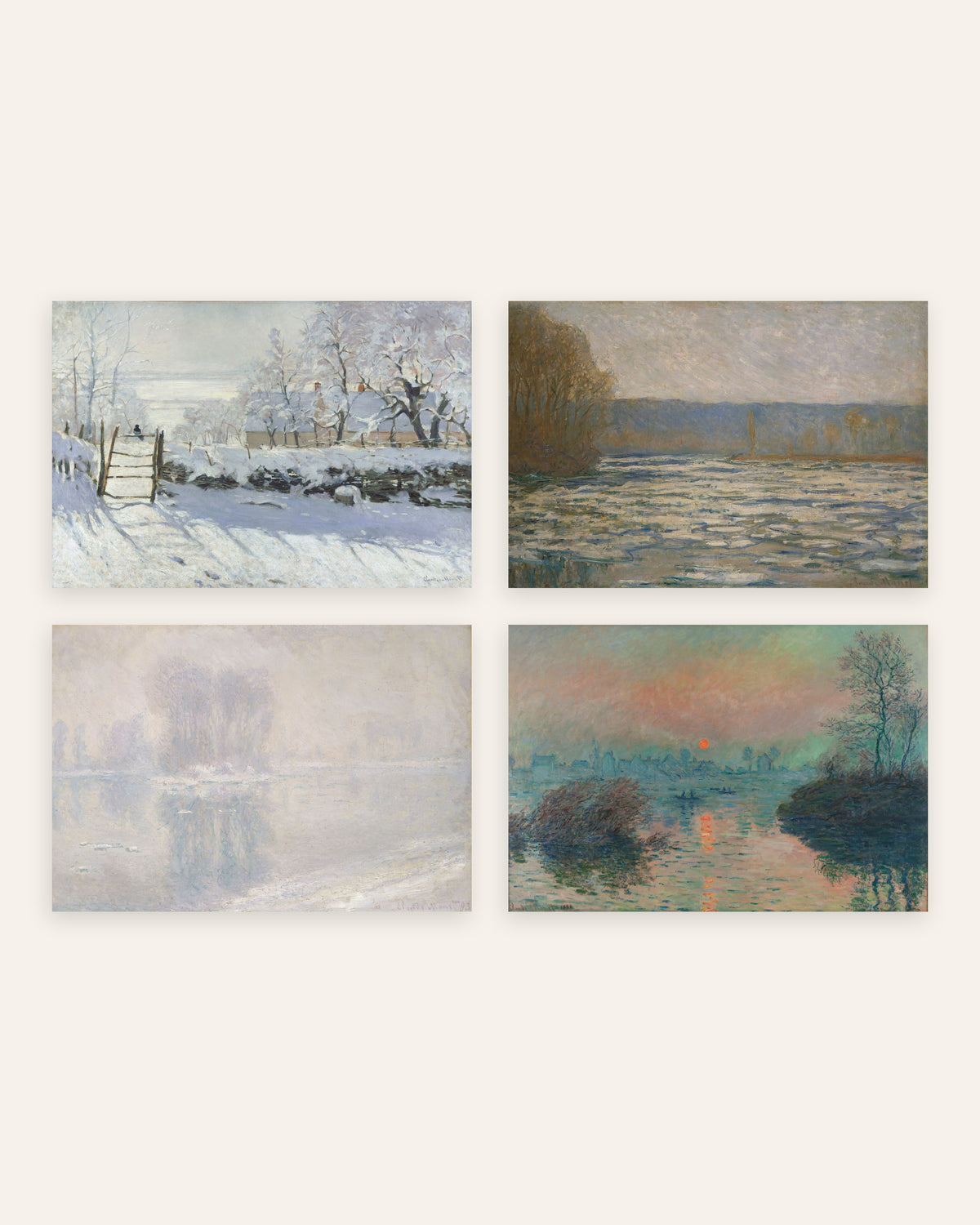 Pósters de Monet, conjunto de 4: invierno, La urraca, hielo y puesta de sol, sin marco