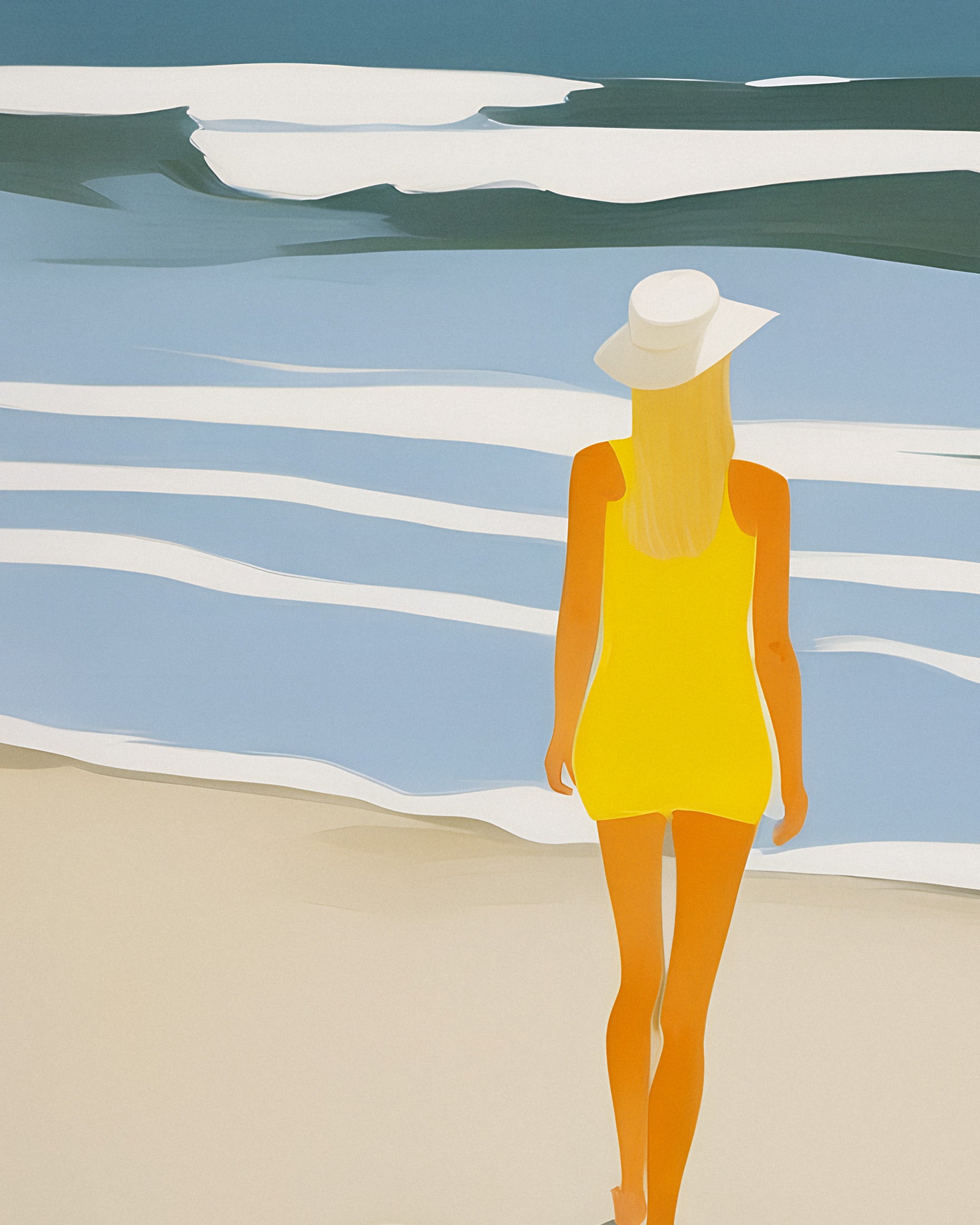 Retrato de Nastya en la Playa - Lámina decorativa costera en amarillo soleado Póster