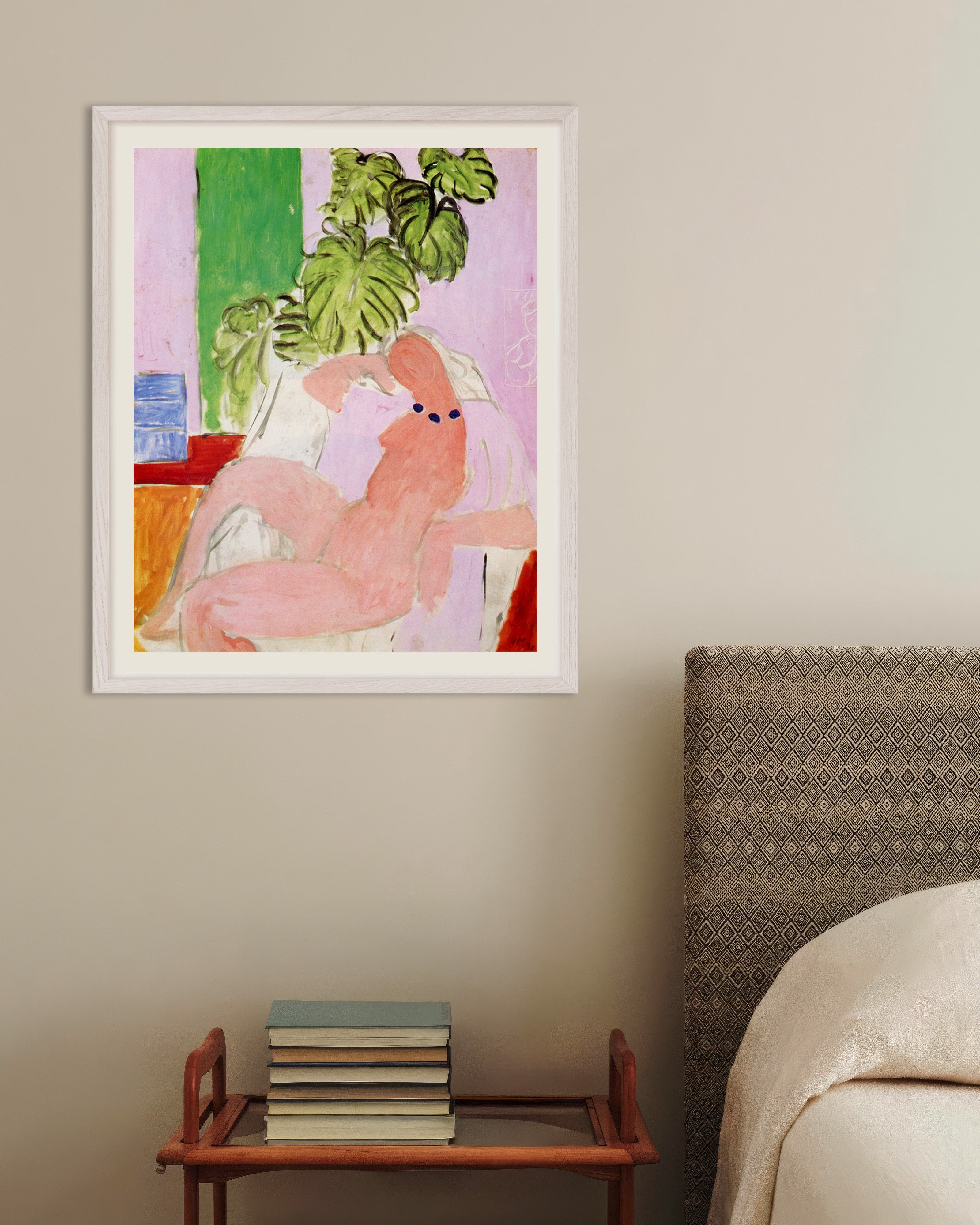 Poster of Nude in a Chair with Green Plants (1937) — Henri Matisse, with white wooden frame