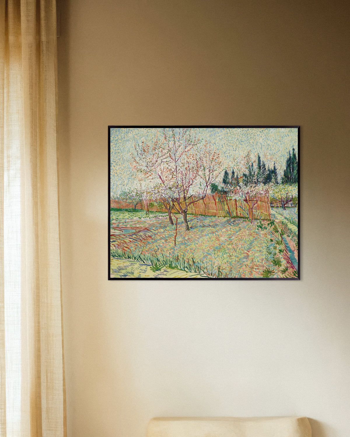 Póster de Huerto bordeado de cipreses (1888), de Vincent van Gogh, con marco metálico