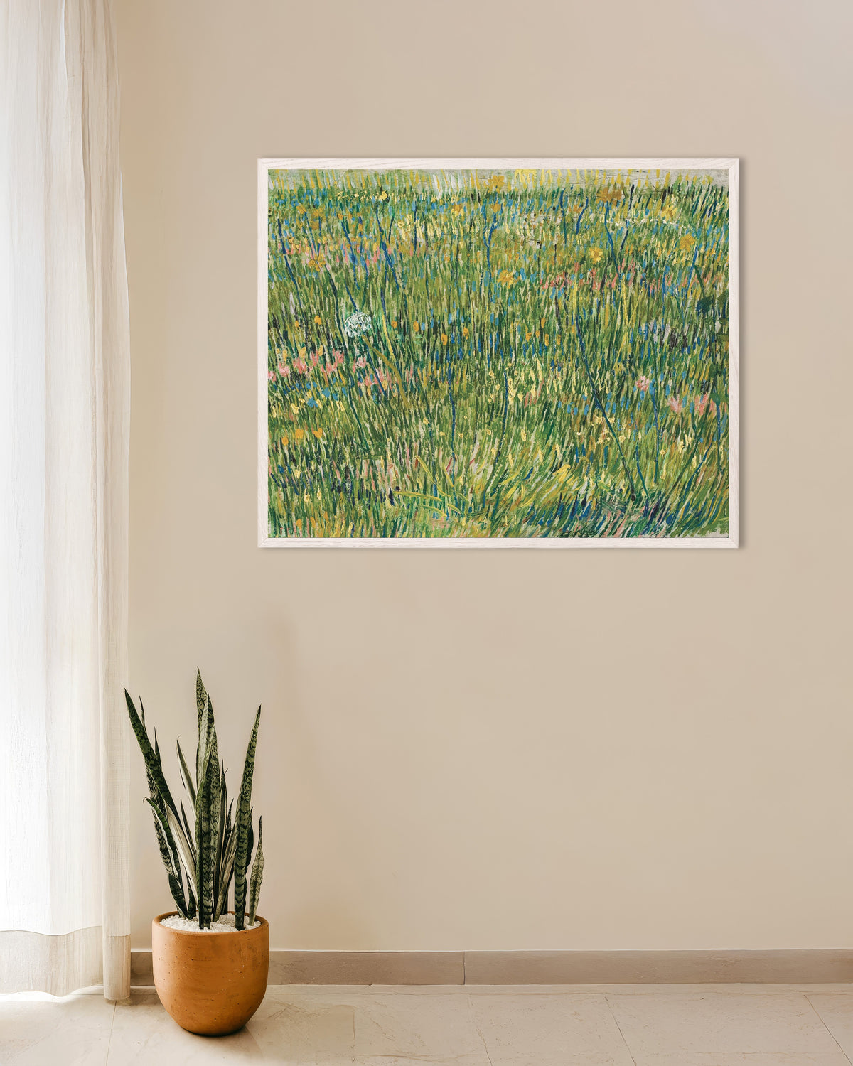 Póster de Parche de hierba (1887), de Vincent van Gogh, con marco de madera blanca
