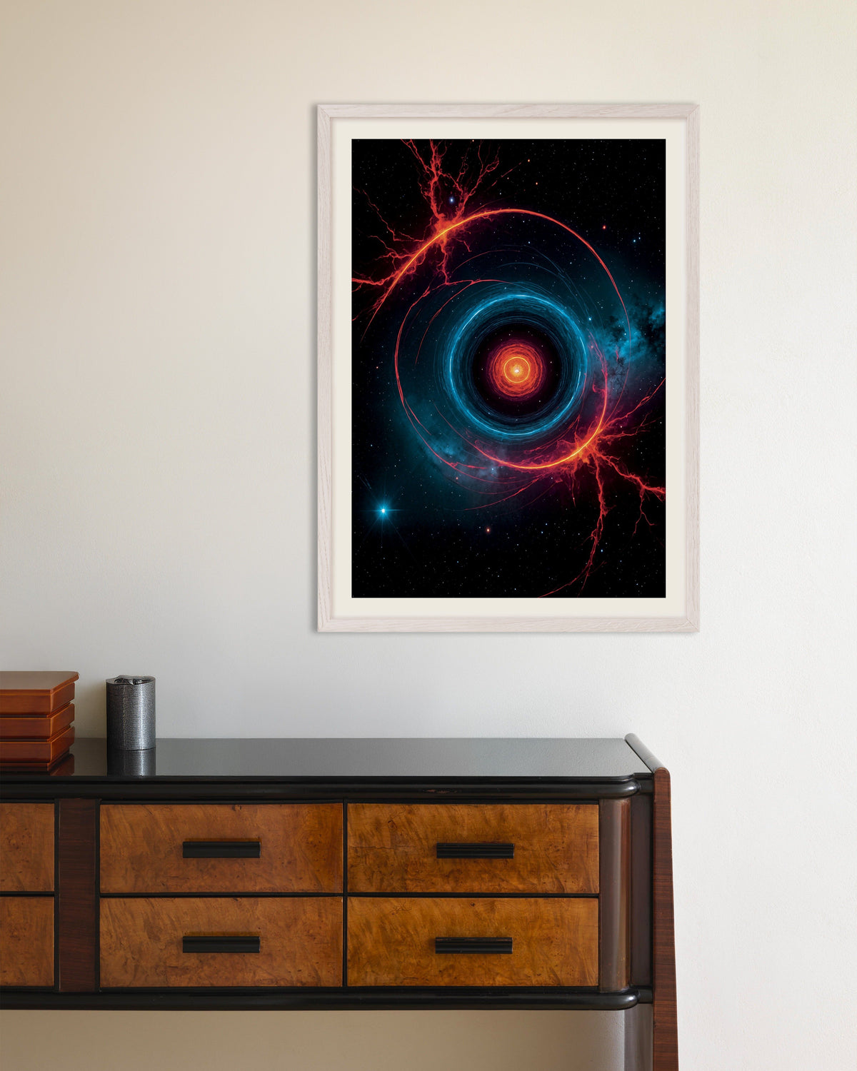 Póster de Neón luminiscente de Photolab, fenómeno espacial, con marco de madera blanca