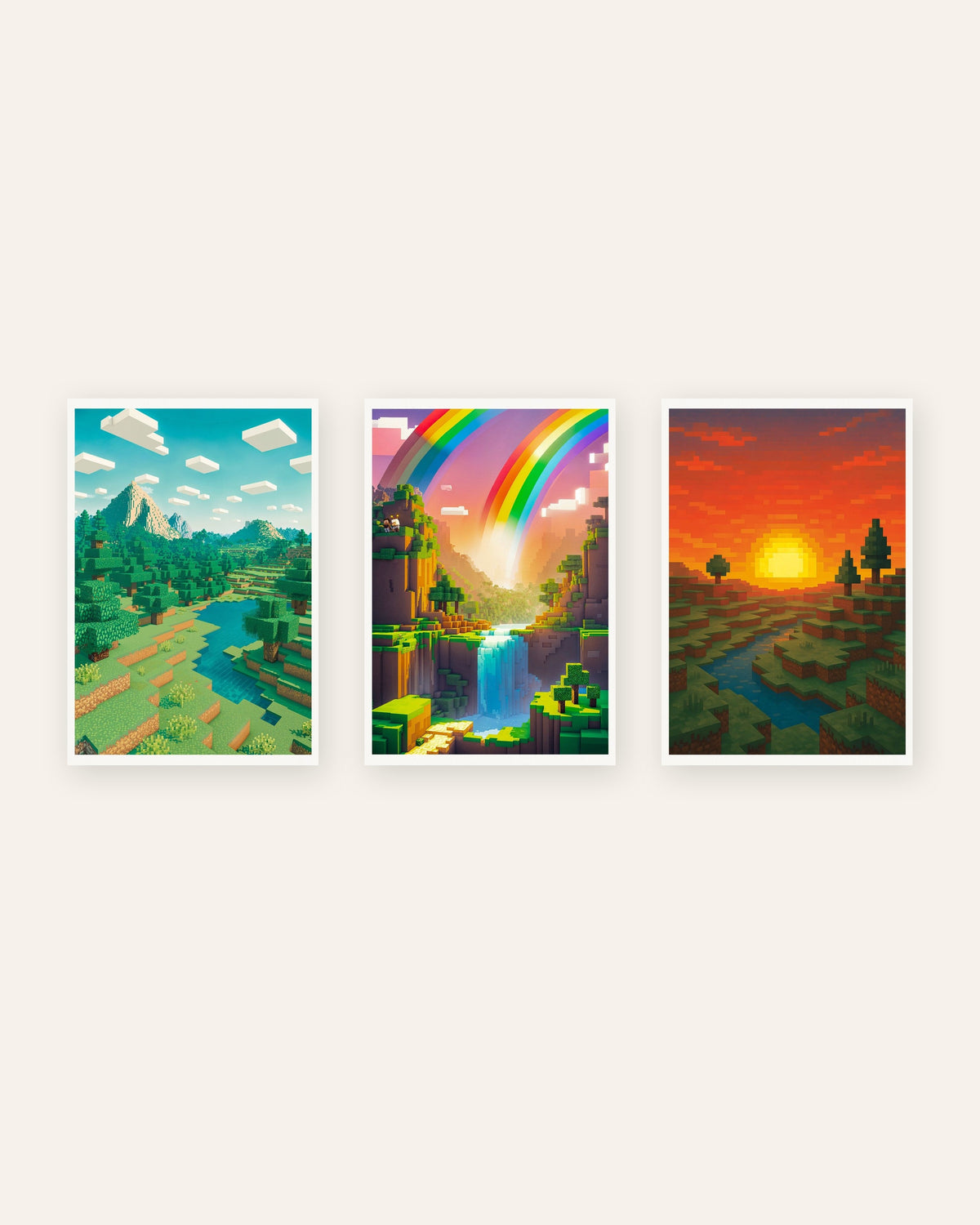 Pósters pixel art de paisajes, conjunto de 3: montaña, valle arcoíris y atardecer, sin marco