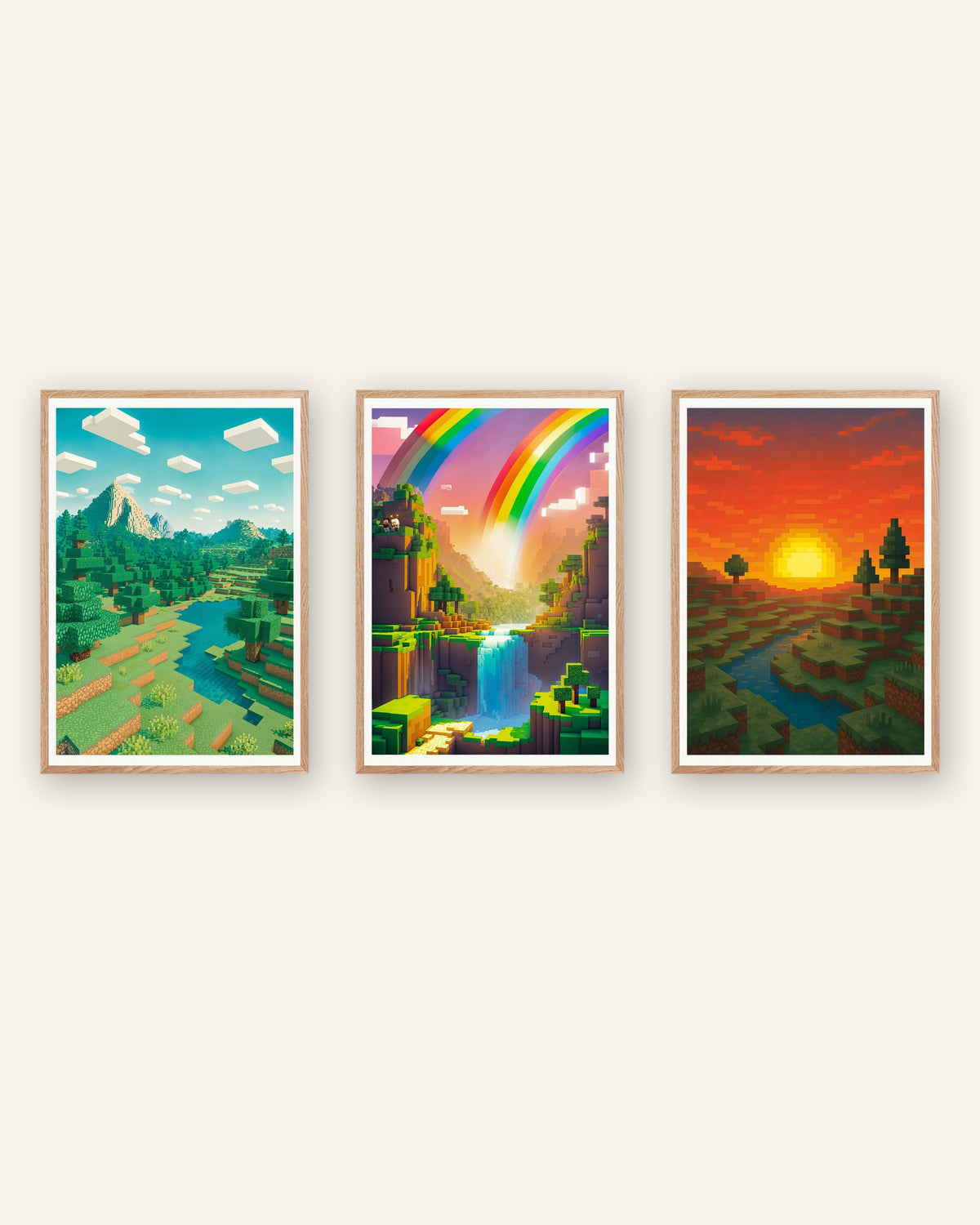 Pósters pixel art de paisajes, conjunto de 3: montaña, valle arcoíris y atardecer, con marcos de roble natural