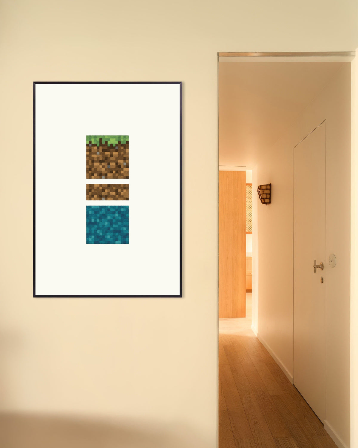 Póster «Trío de bloques pixelados: pósters de hierba, tierra y agua» con marco metálico
