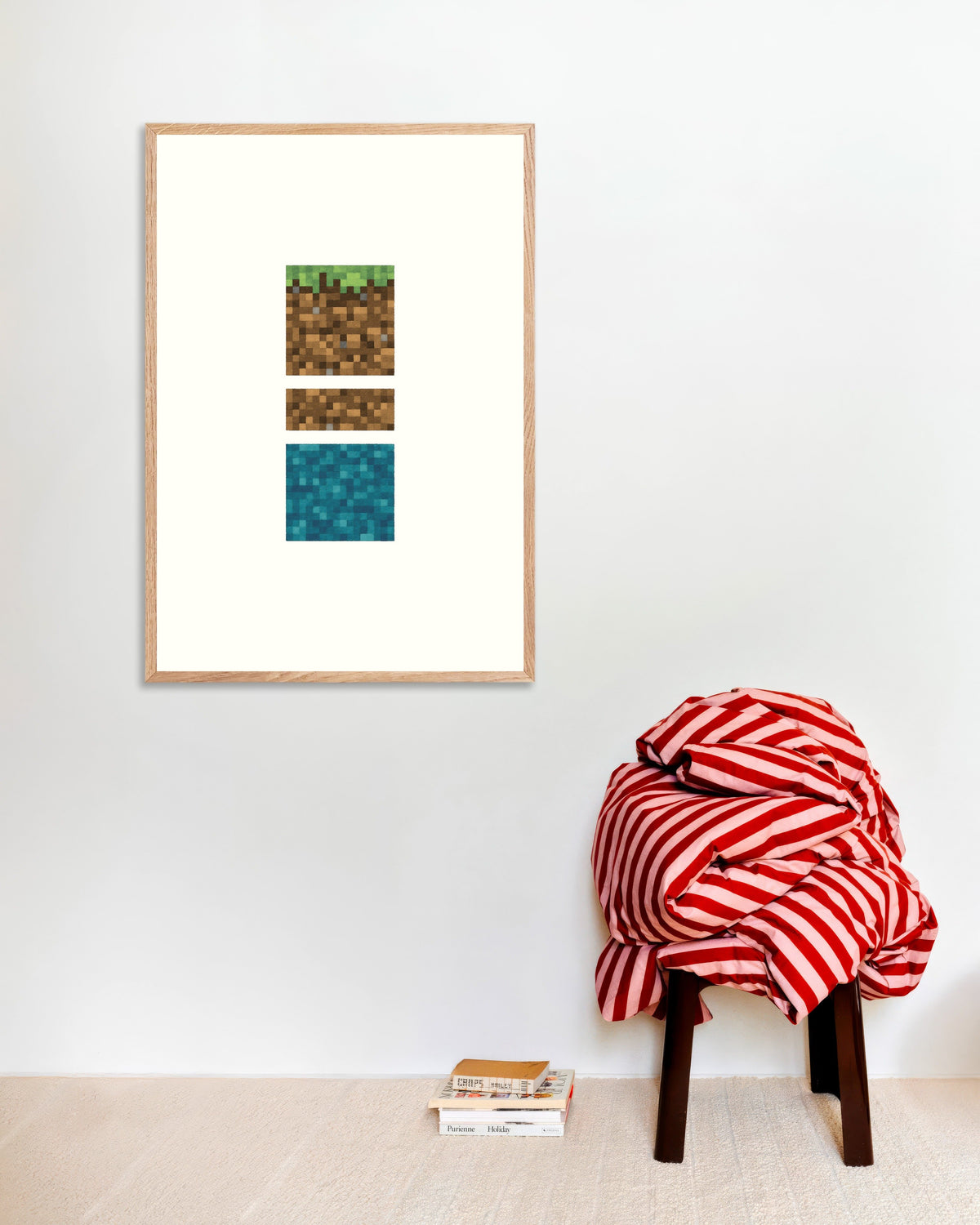 Póster del Trío de bloques pixelados: pósters de hierba, tierra y agua, con marco de madera natural