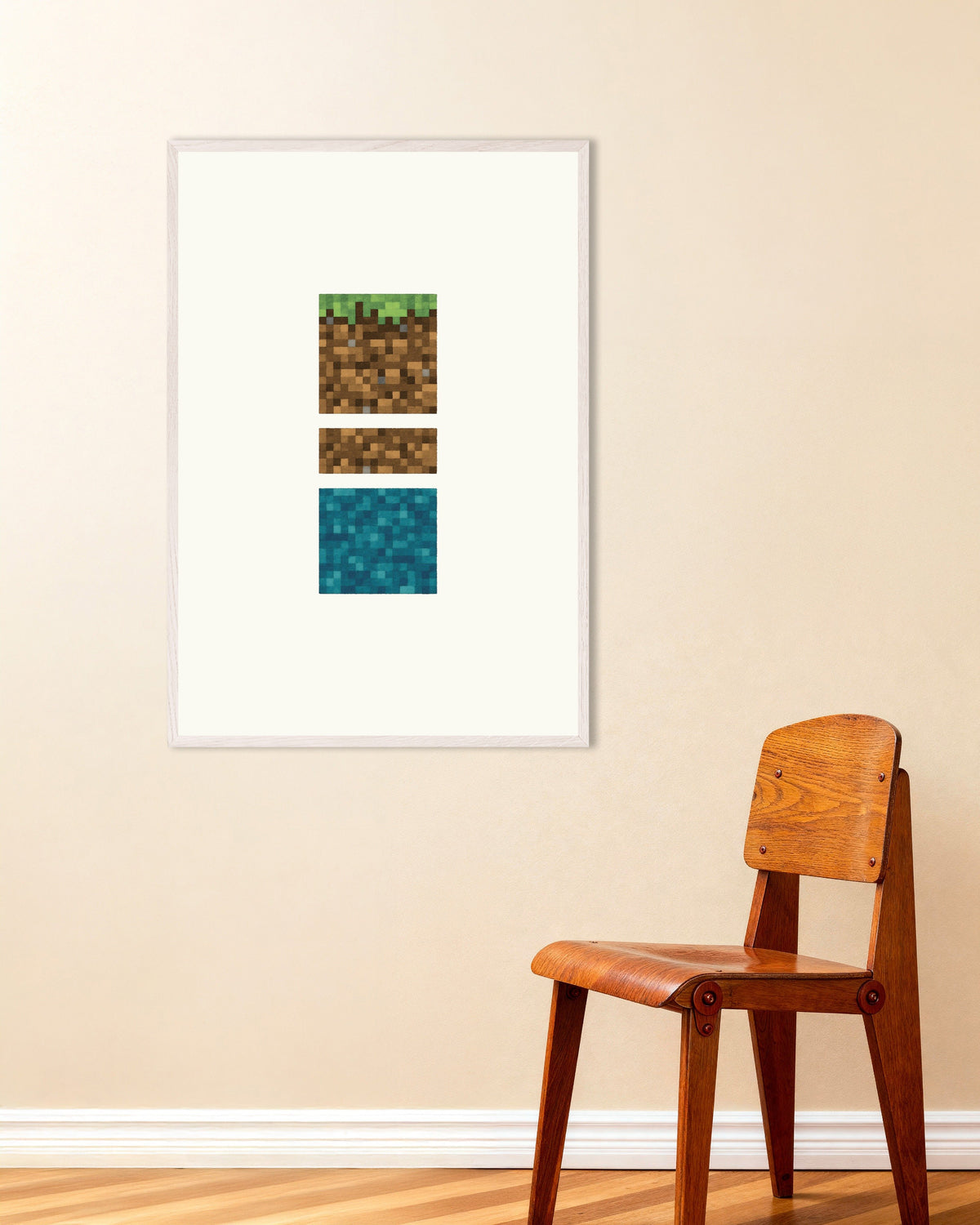 Póster «Trío de bloques pixelados: pósters de hierba, tierra y agua» con marco de madera blanca